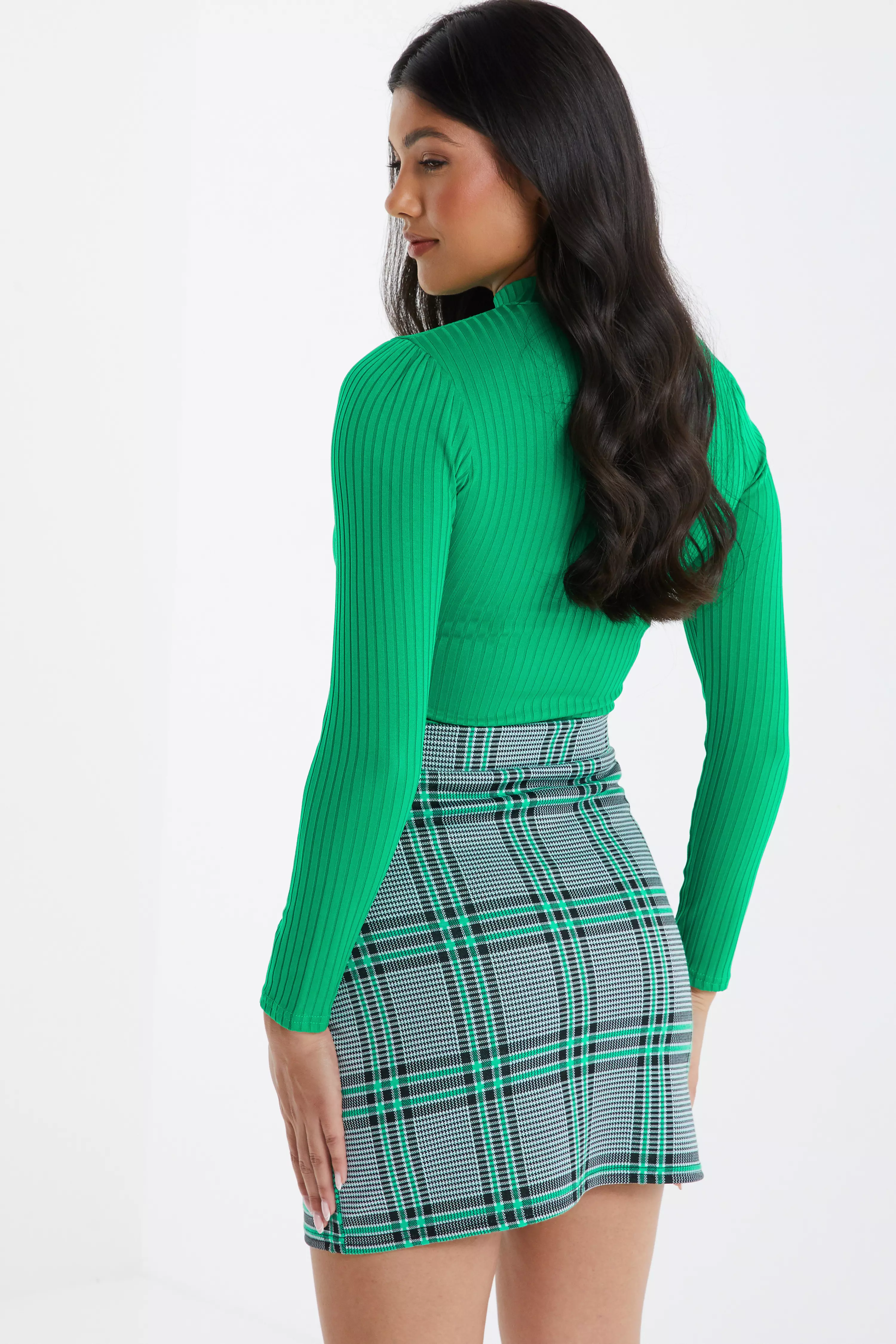 Green Check Button Mini Skirt