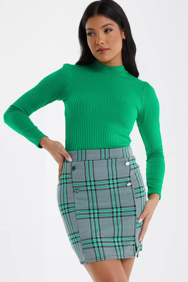 Green Check Button Mini Skirt