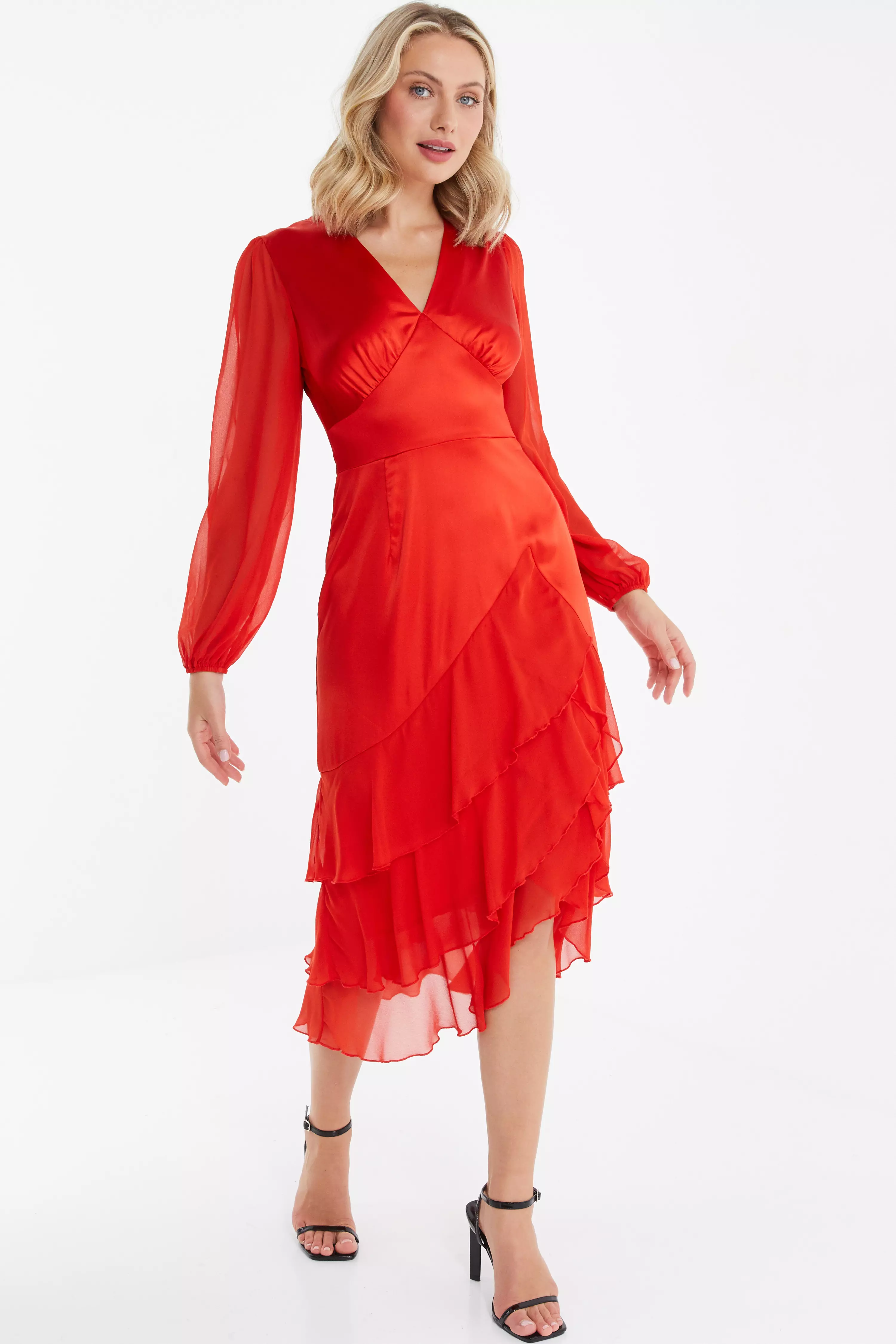 Orange Satin Frill Midi Dress