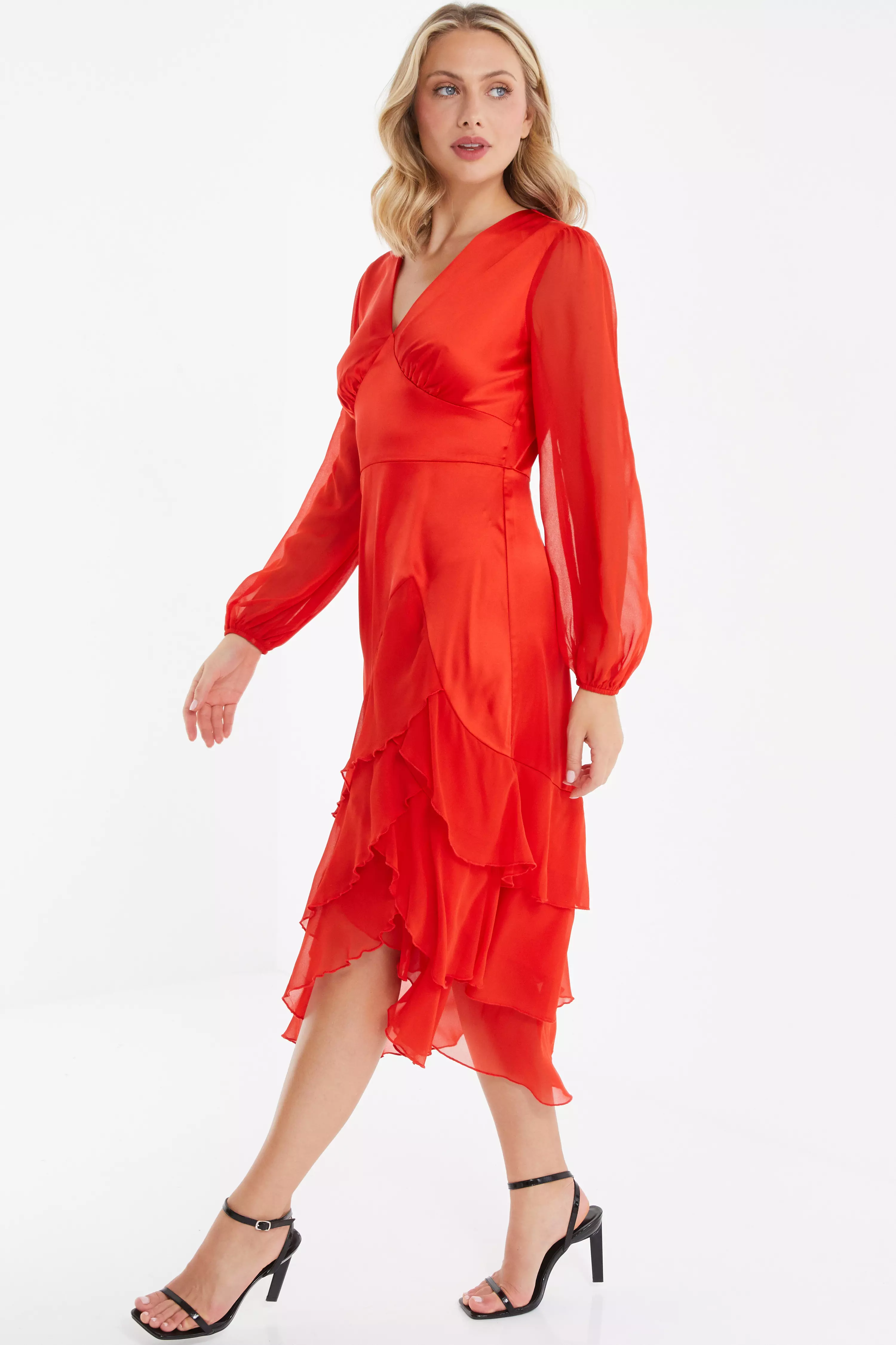 Orange Satin Frill Midi Dress