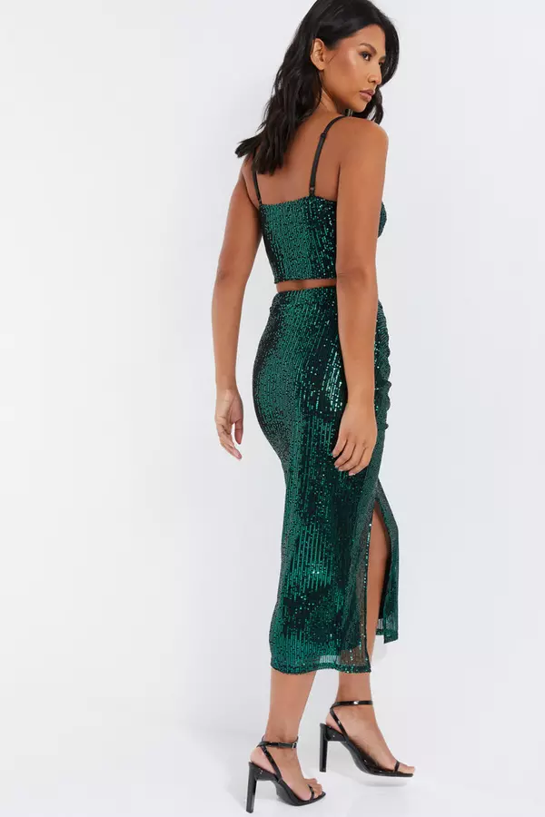 Green Sequin Ruched Midi Skirt