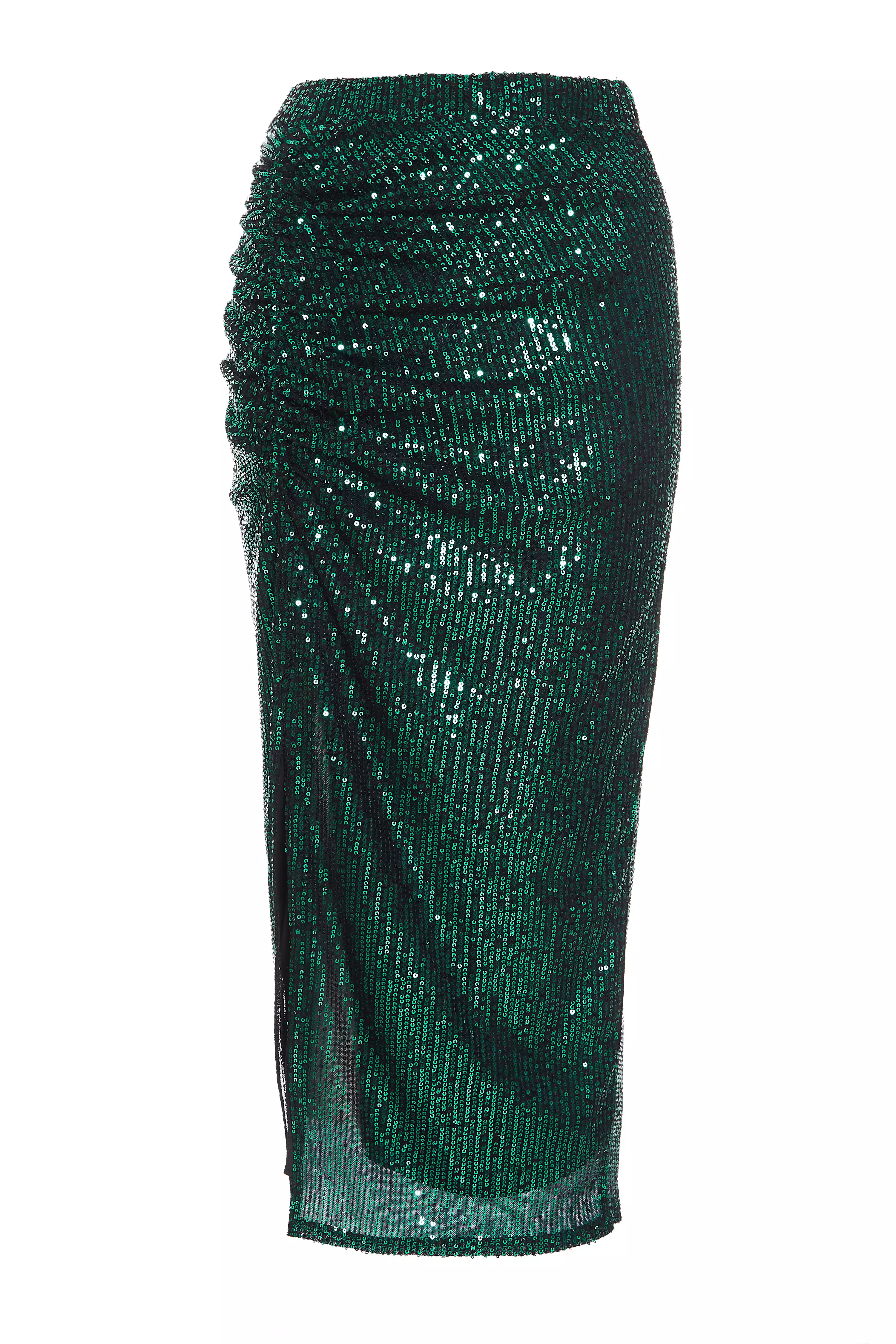 Green Sequin Ruched Midi Skirt