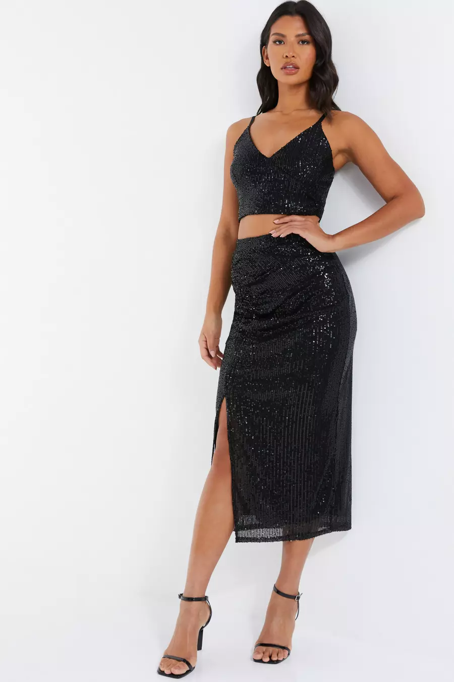 Black Sequin Ruched Midi Skirt QUIZ Clothing