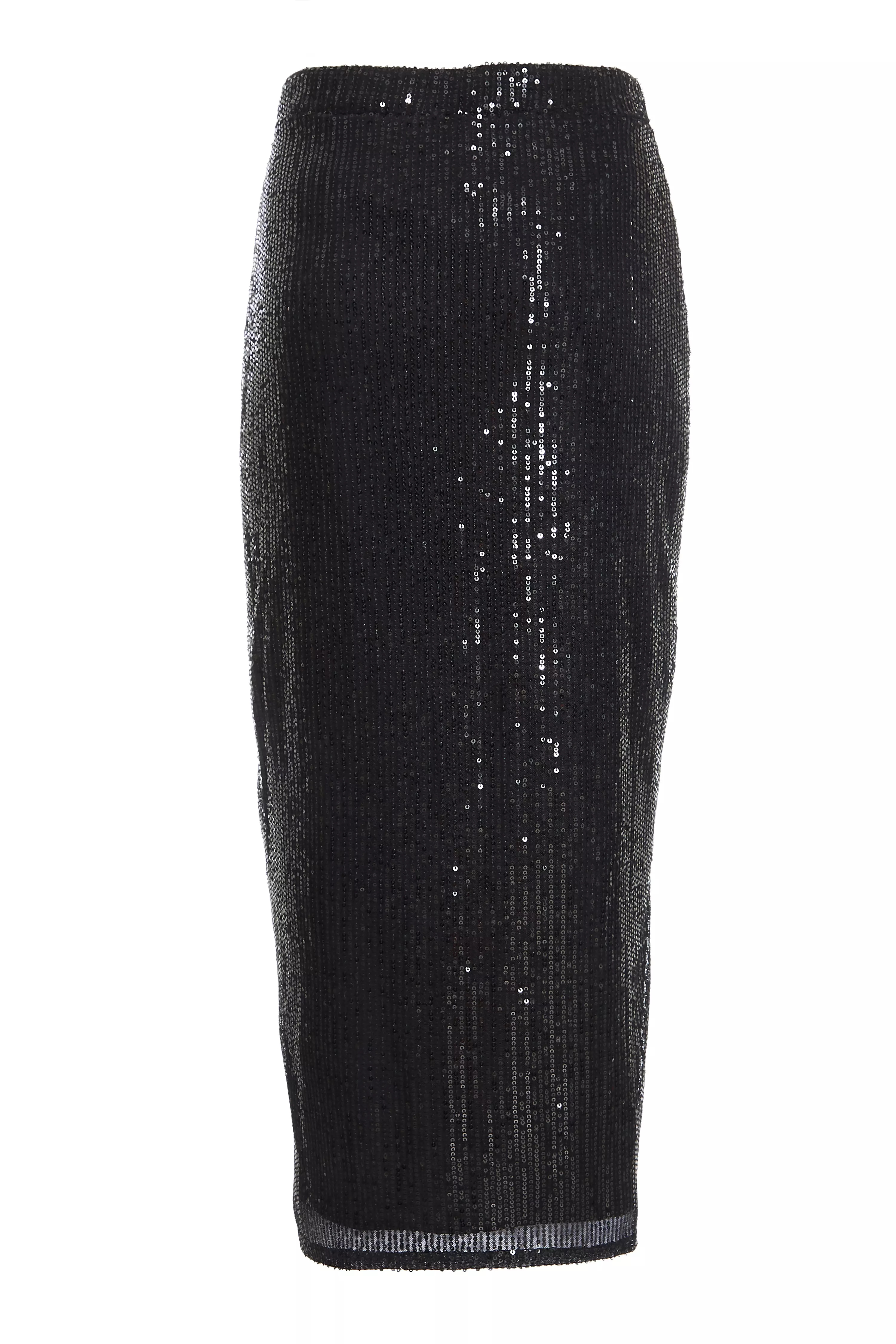 Black Sequin Ruched Midi Skirt