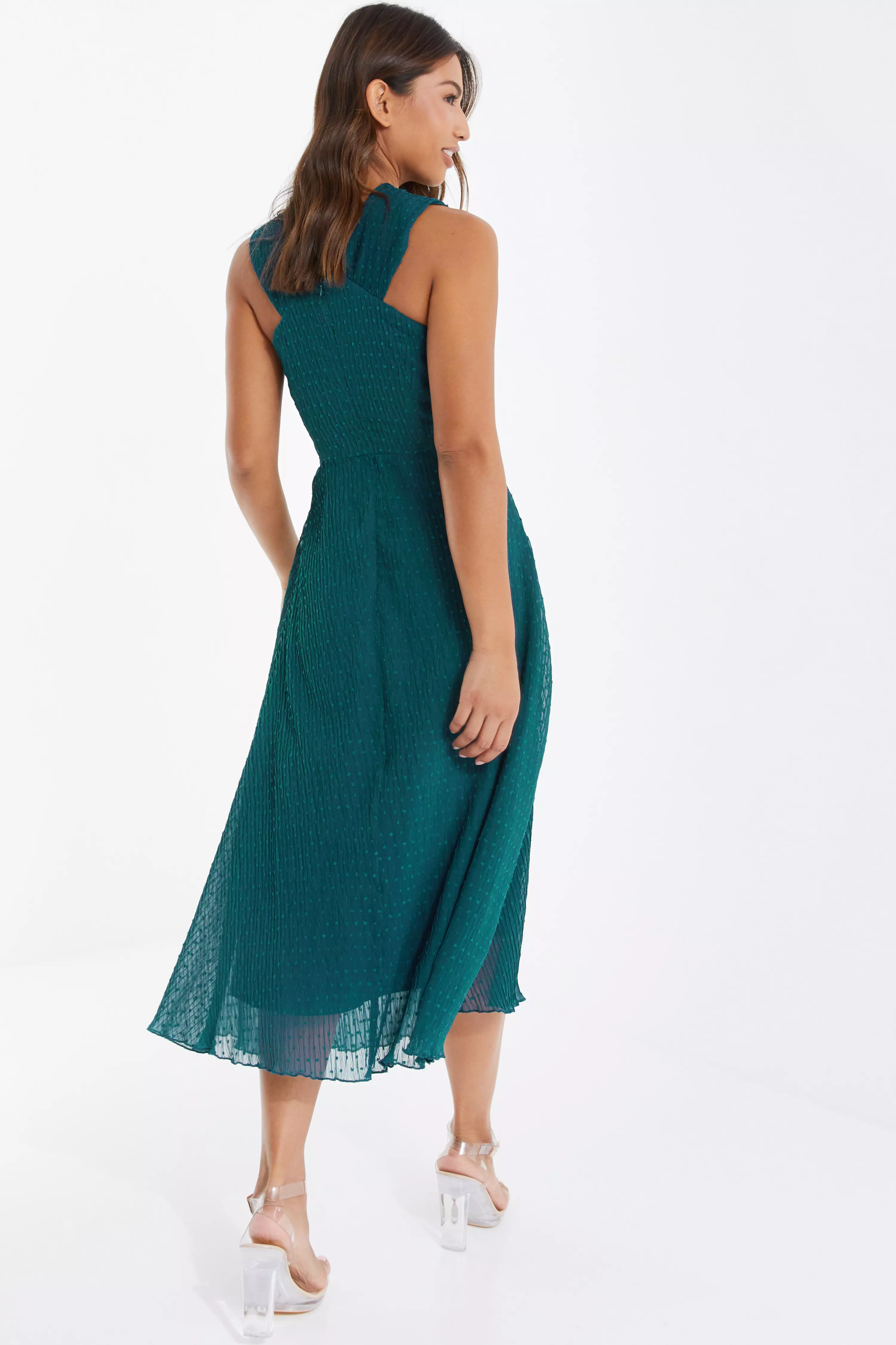 Teal Chiffon Crinkle Halter Neck Midi Dress