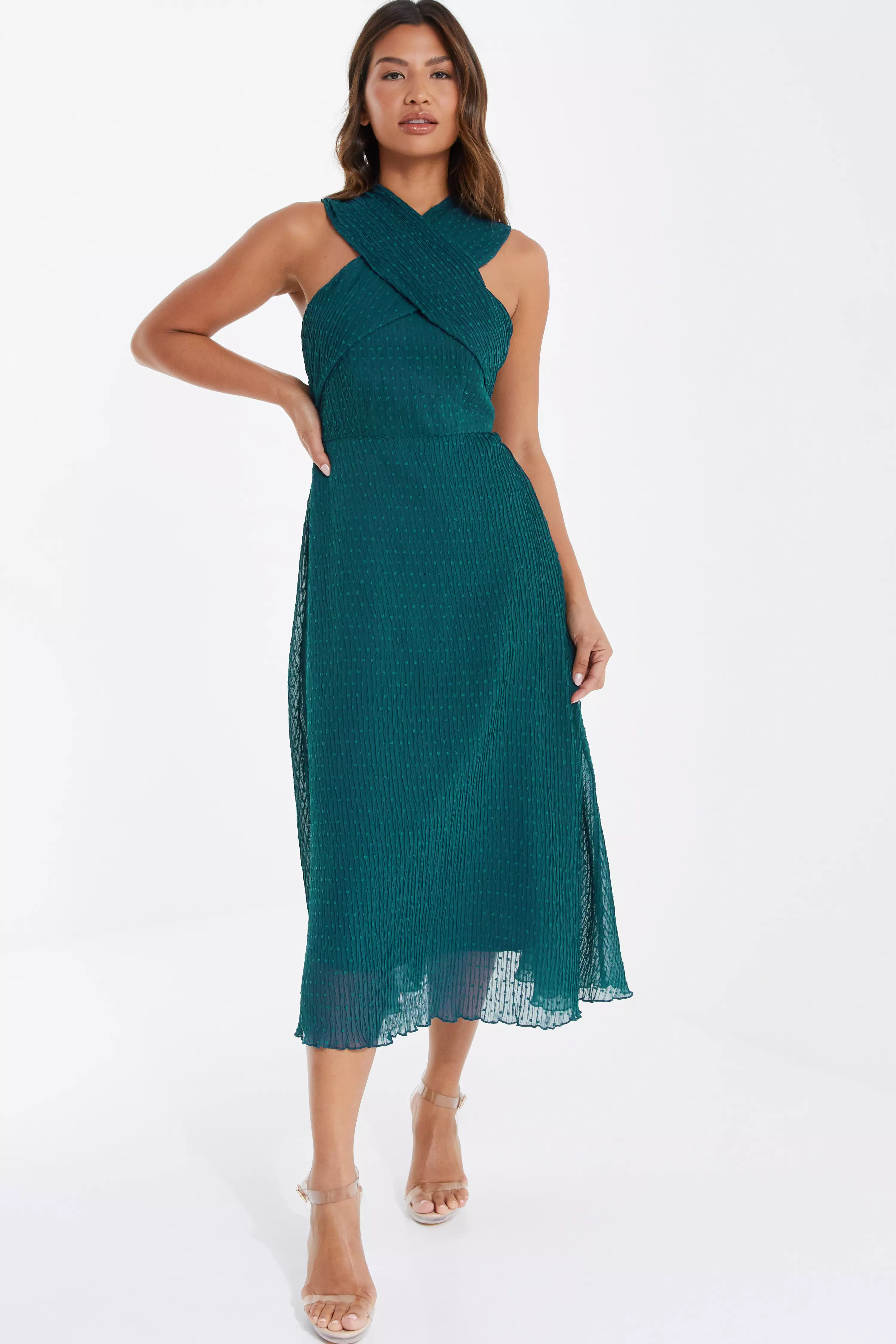 Teal Chiffon Crinkle Halter Neck Midi Dress