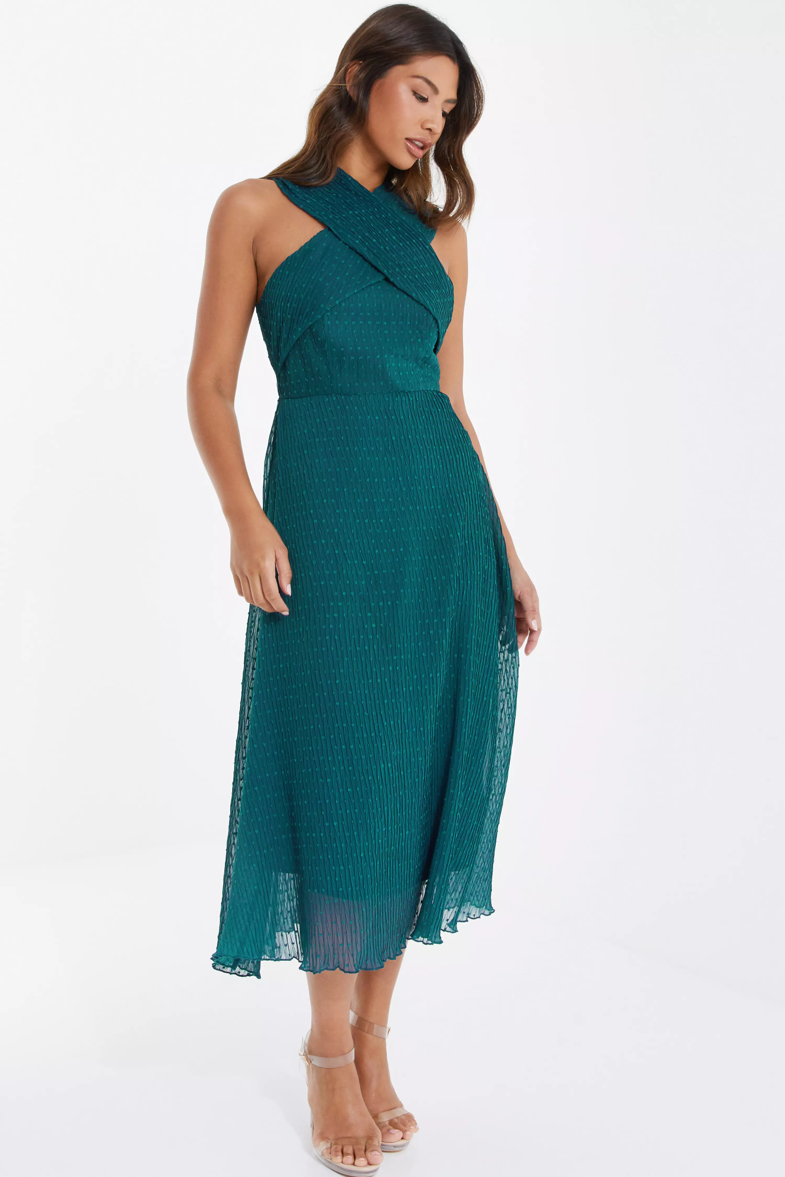 Teal Chiffon Crinkle Halter Neck Midi Dress