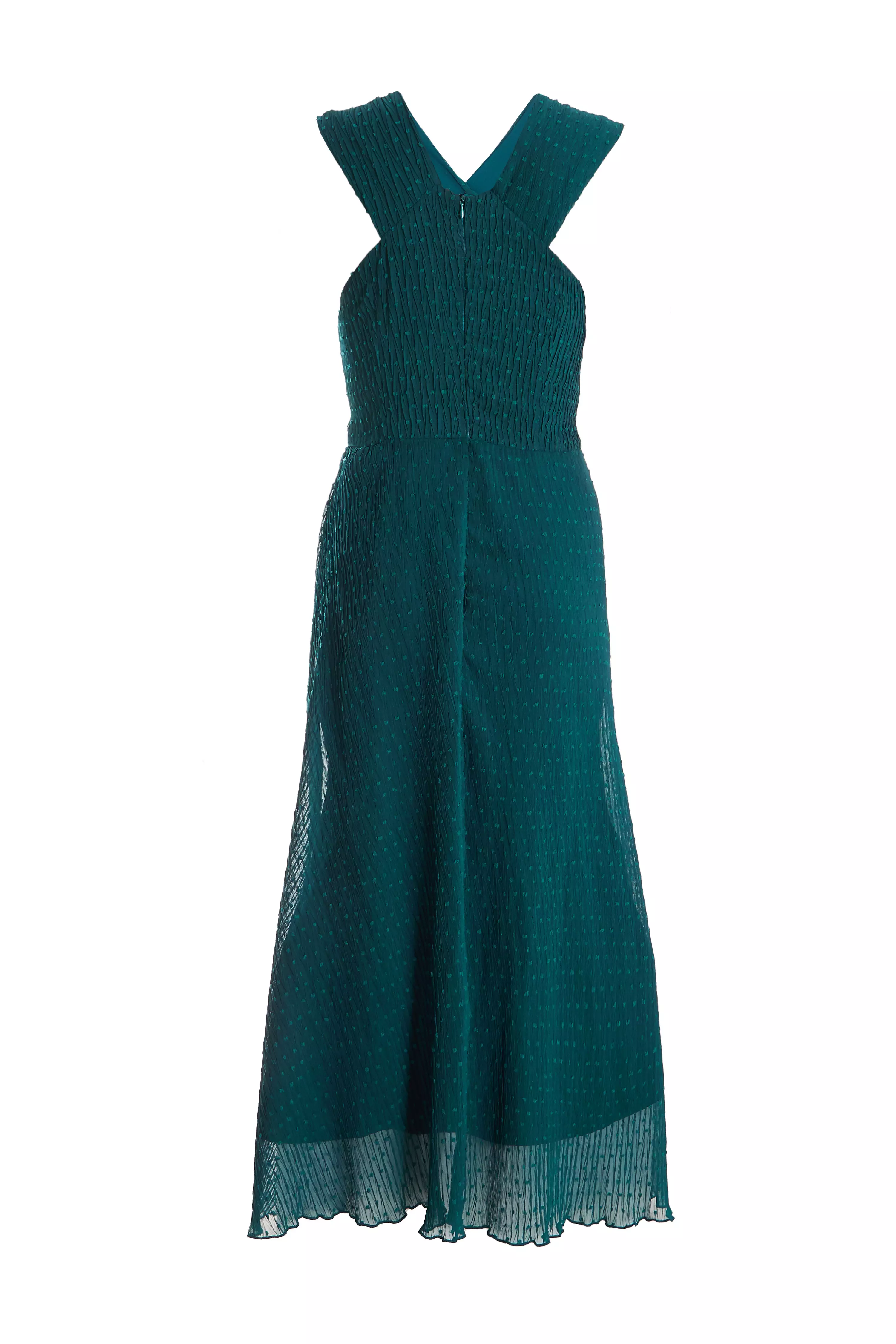 Teal Chiffon Crinkle Halter Neck Midi Dress