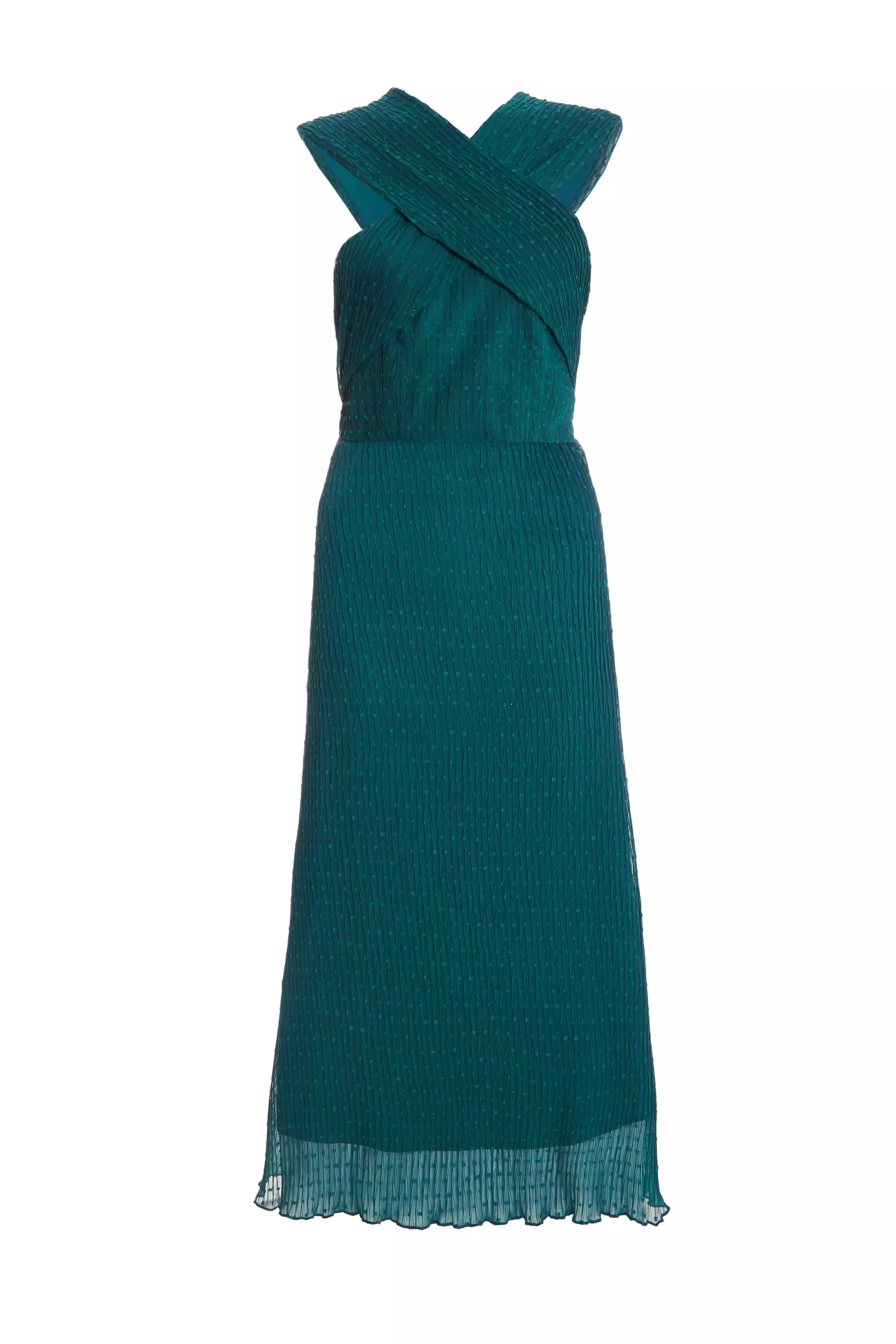 Teal Chiffon Crinkle Halter Neck Midi Dress