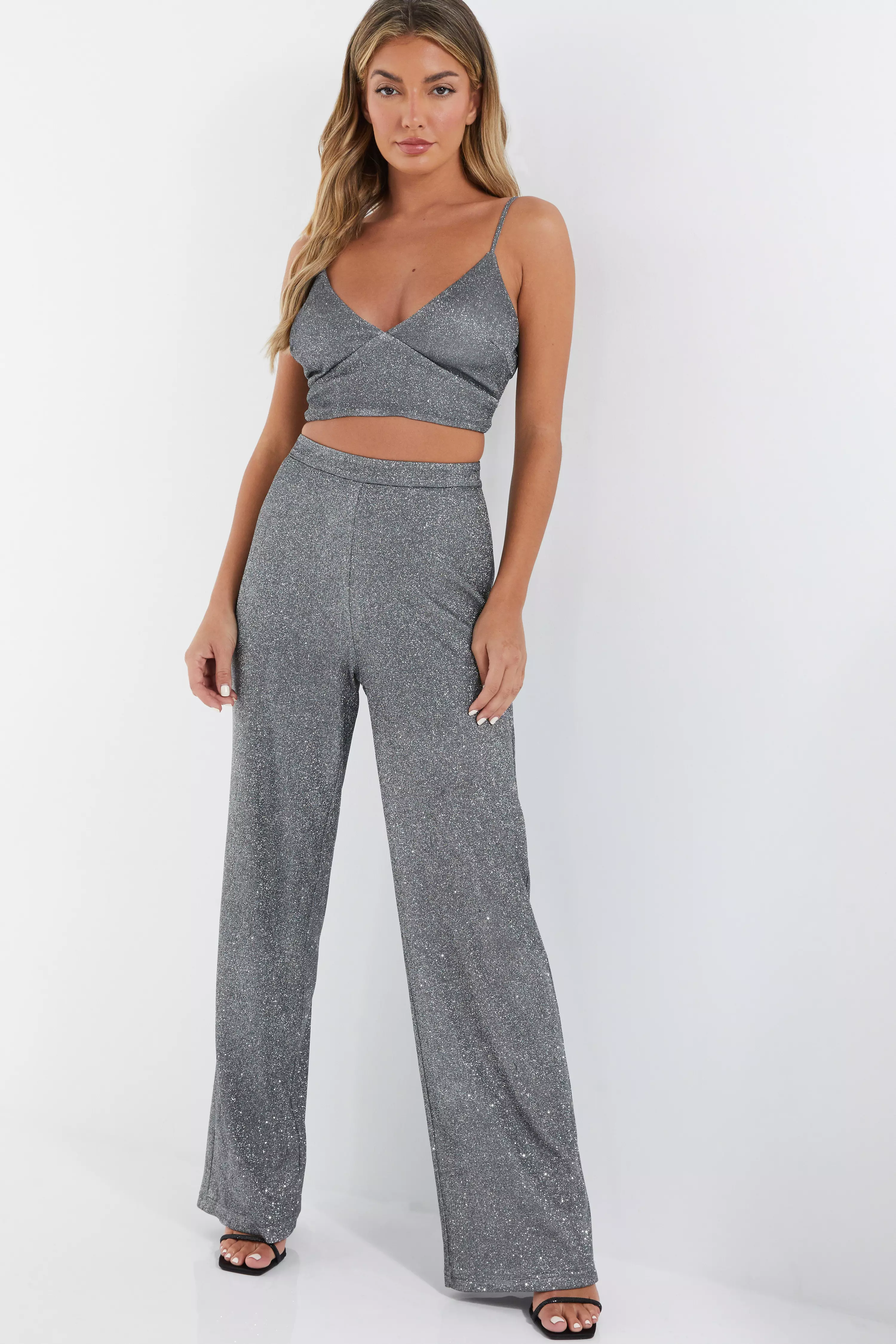 Silver Glitter Palazzo Trousers