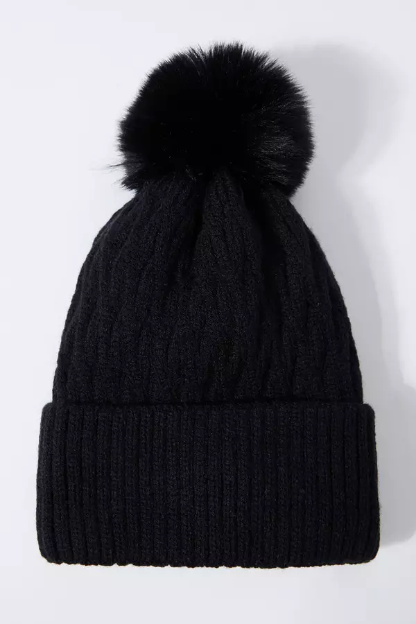 Black Knitted Faux Fur Pom Hat