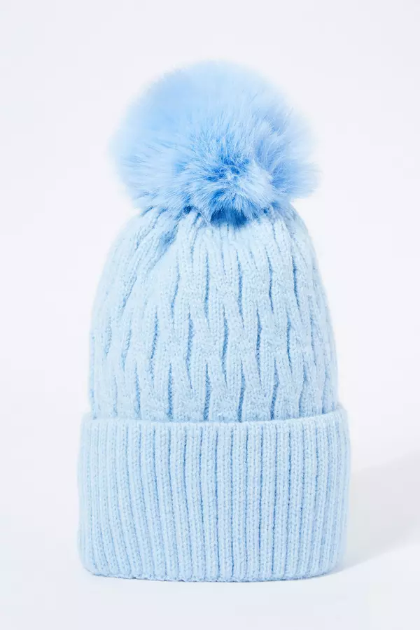 Light Blue Knitted Faux Fur Pom Hat