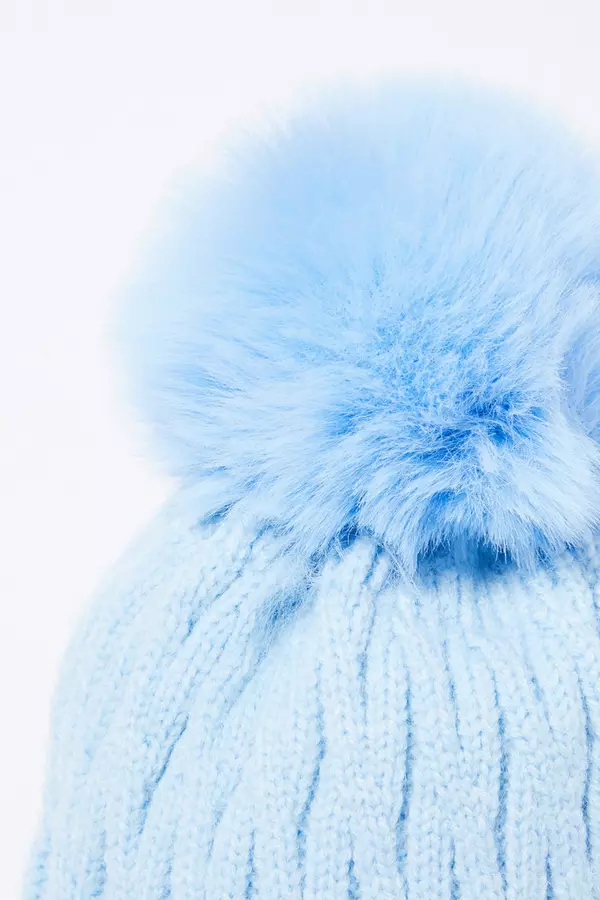 Light Blue Knitted Faux Fur Pom Hat