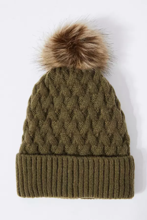 Khaki Knitted Faux Fur Pom Hat