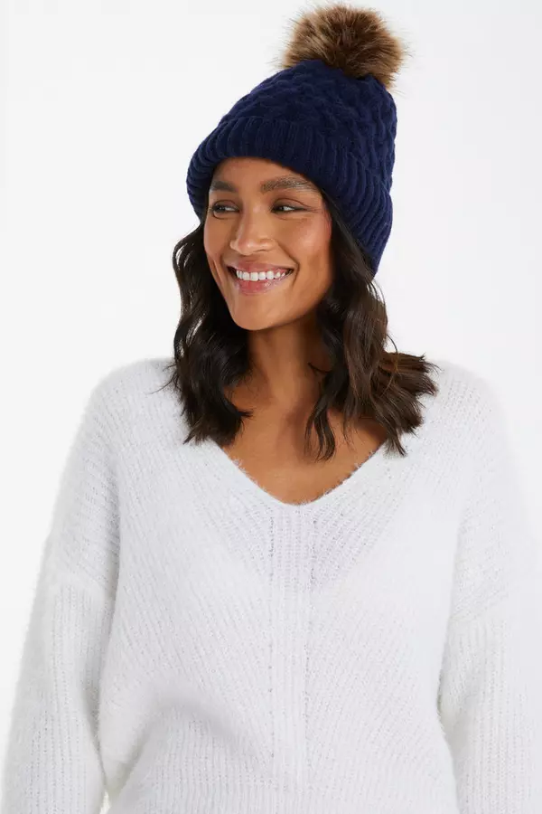 Navy Knitted Faux Fur Pom Hat