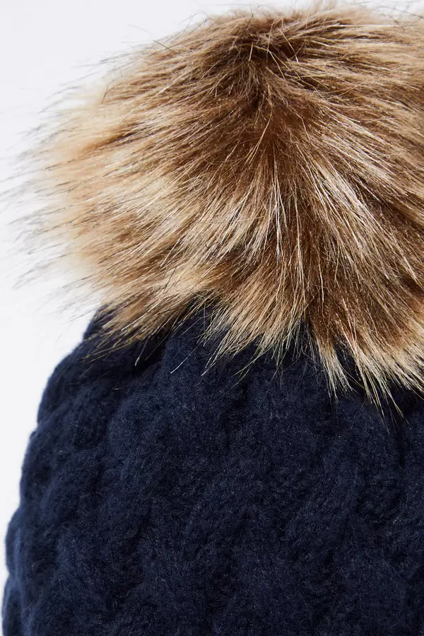 Navy Knitted Faux Fur Pom Hat