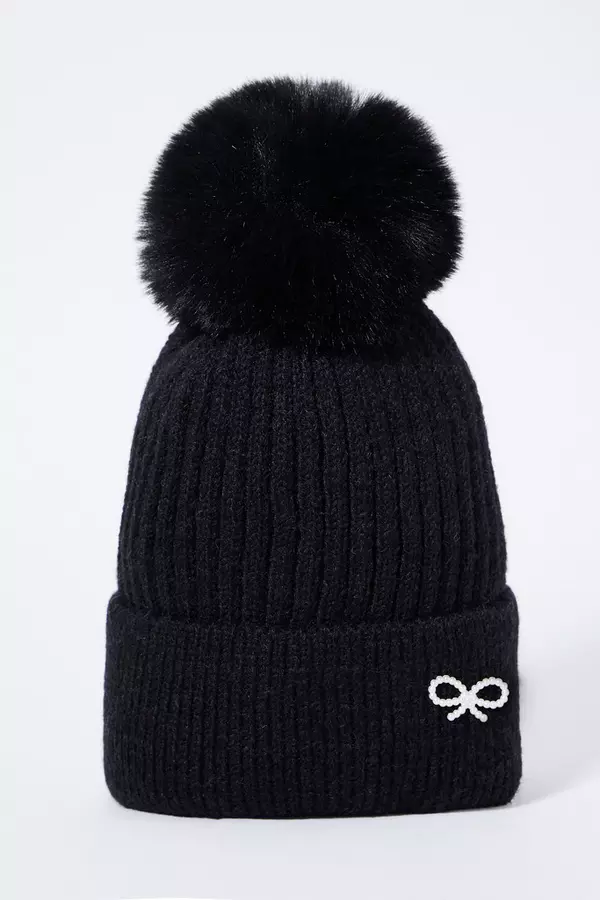 Black Knitted Faux Fur Bow Hat