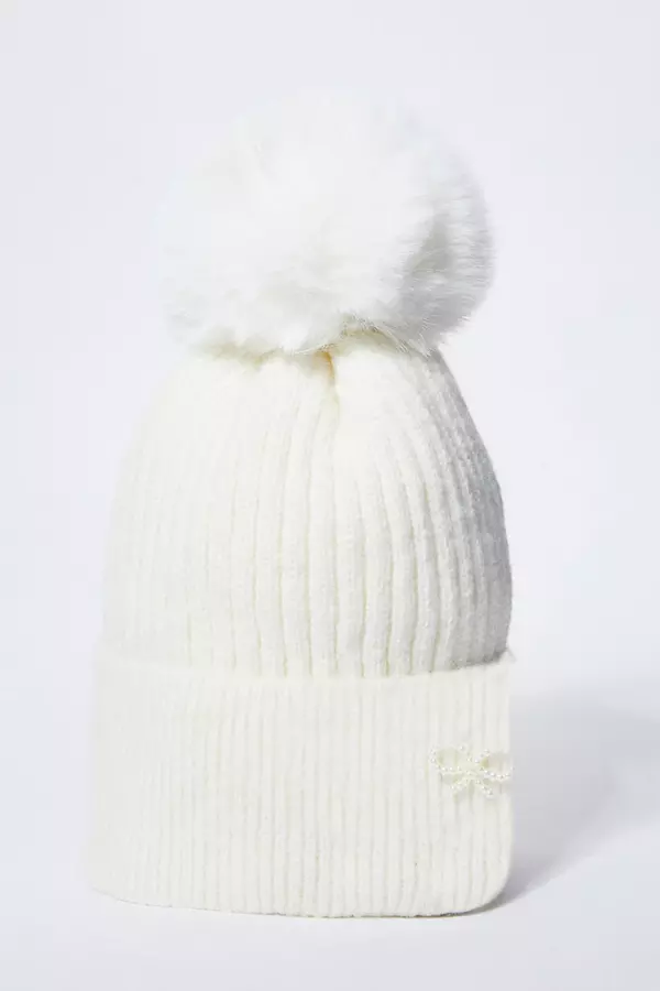 Cream Knitted Faux Fur Bow Hat