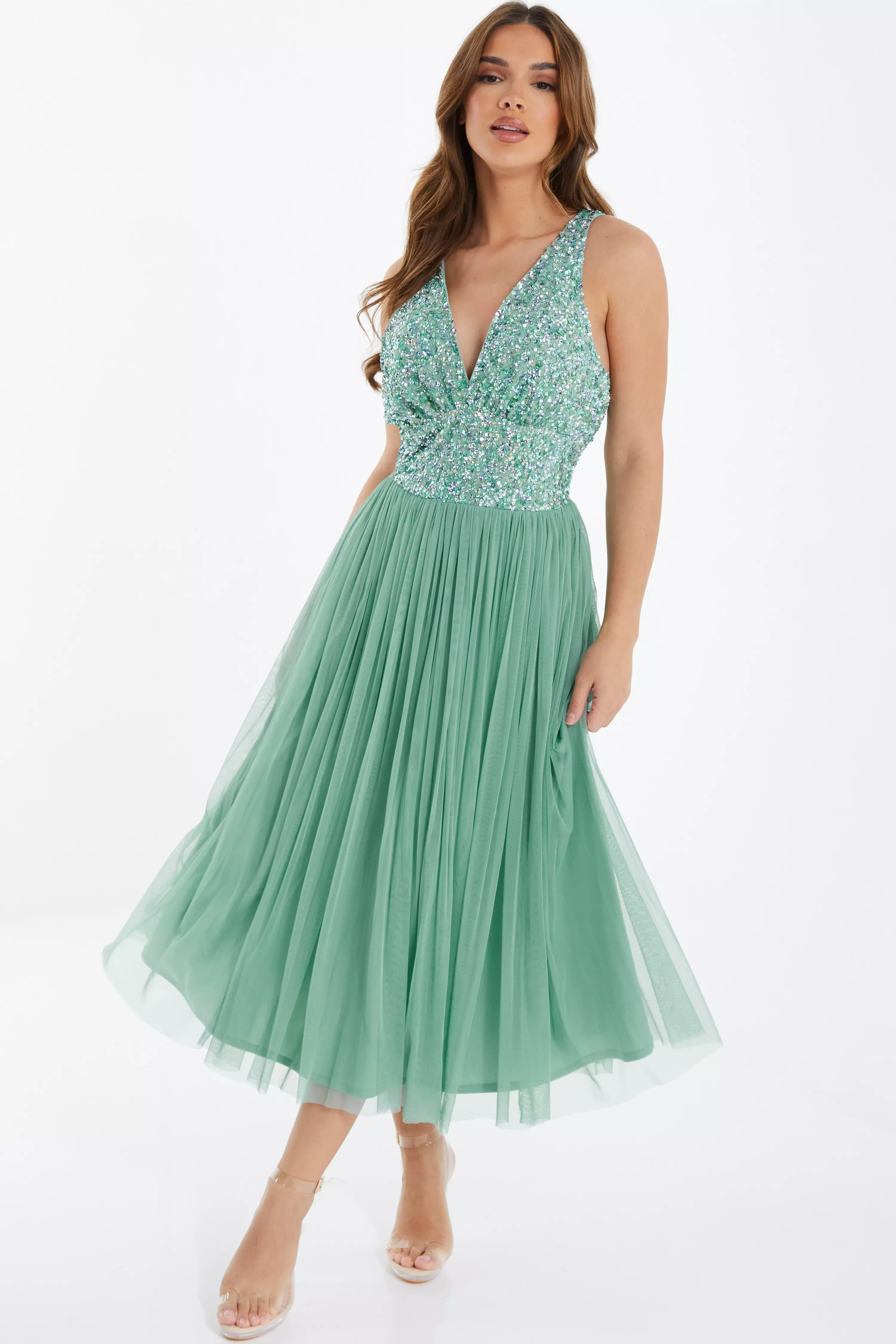 Green Sequin Tulle Midi Dress