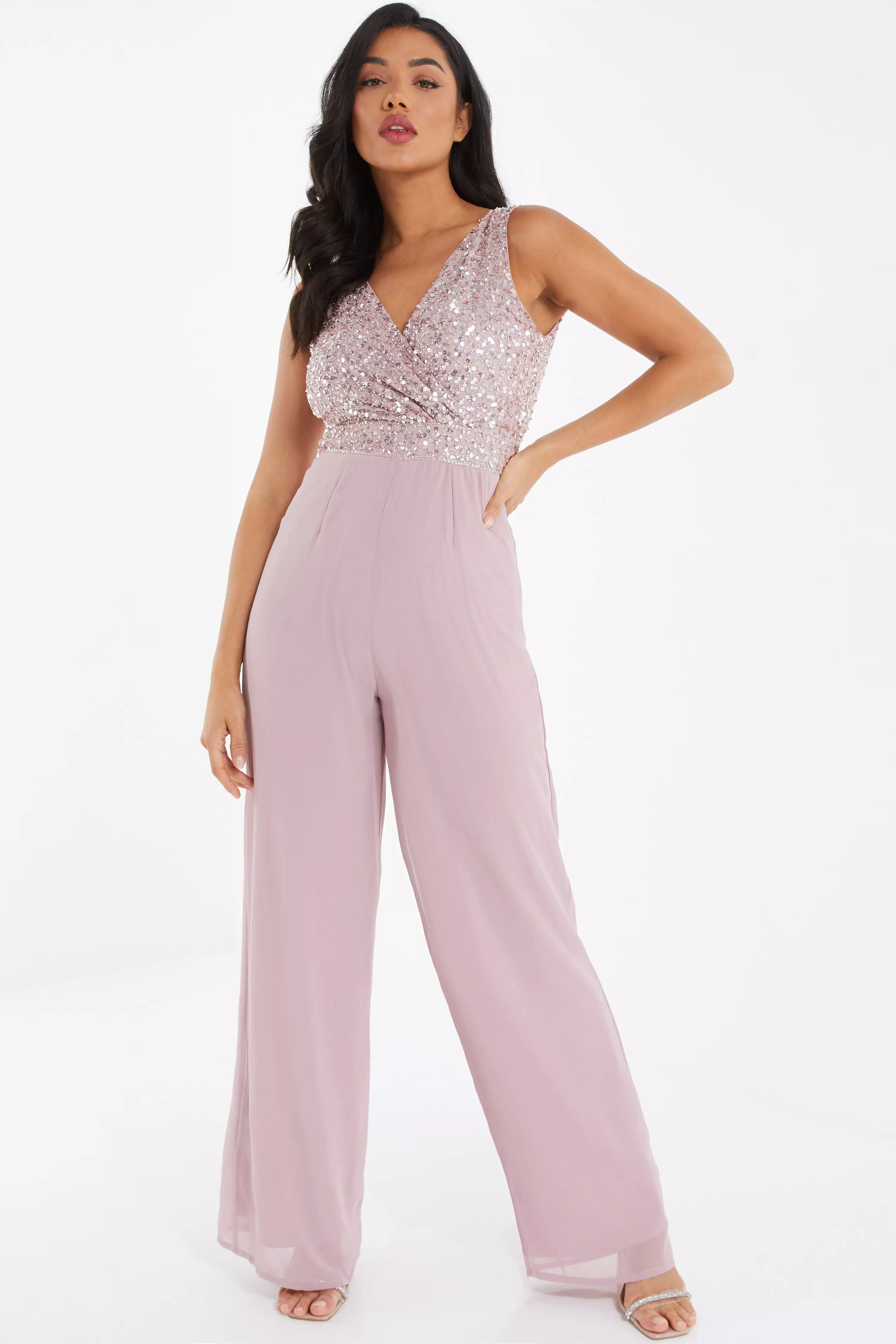 Pink Chiffon Embellished Palazzo Jumpsuit