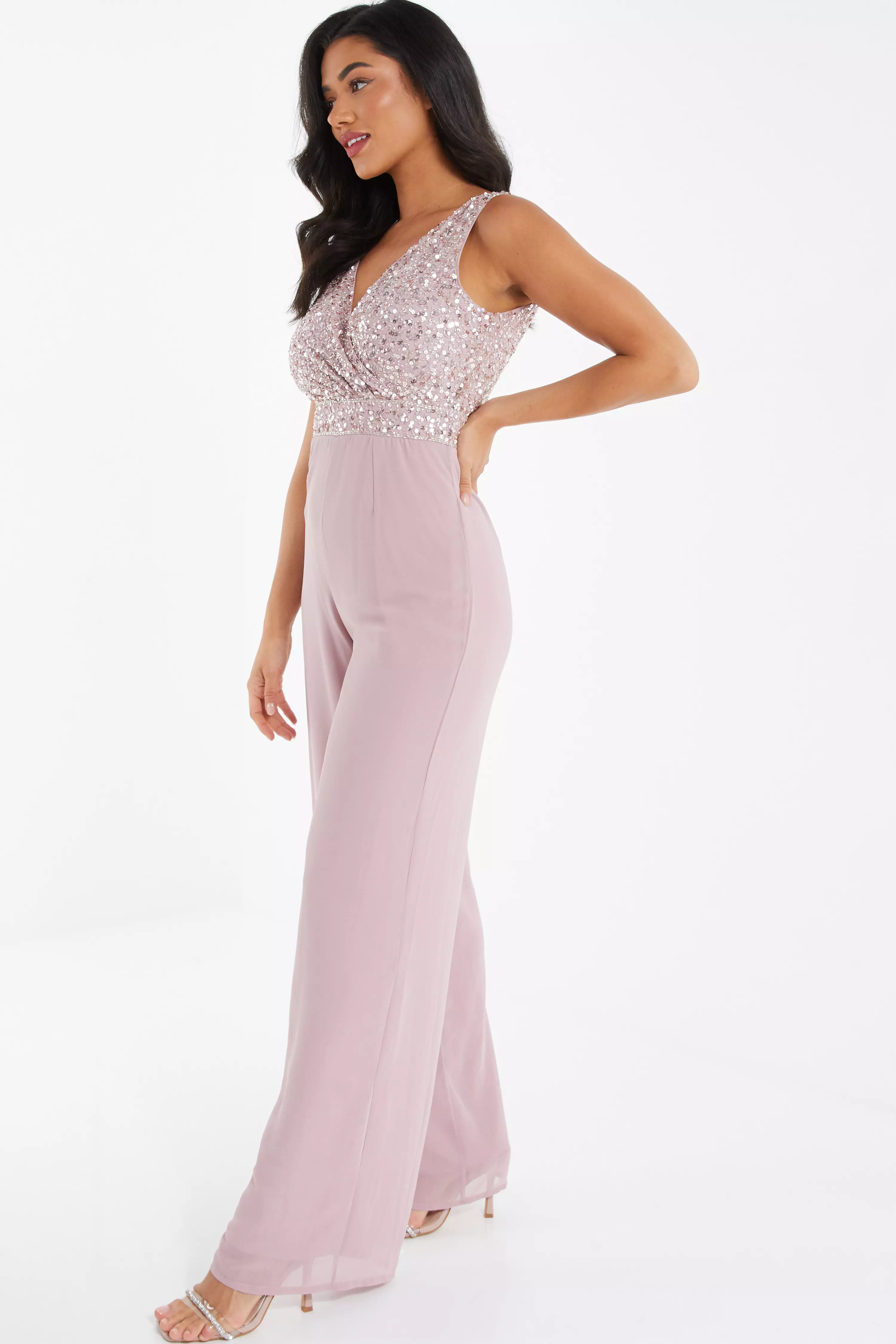 Pink Chiffon Embellished Palazzo Jumpsuit