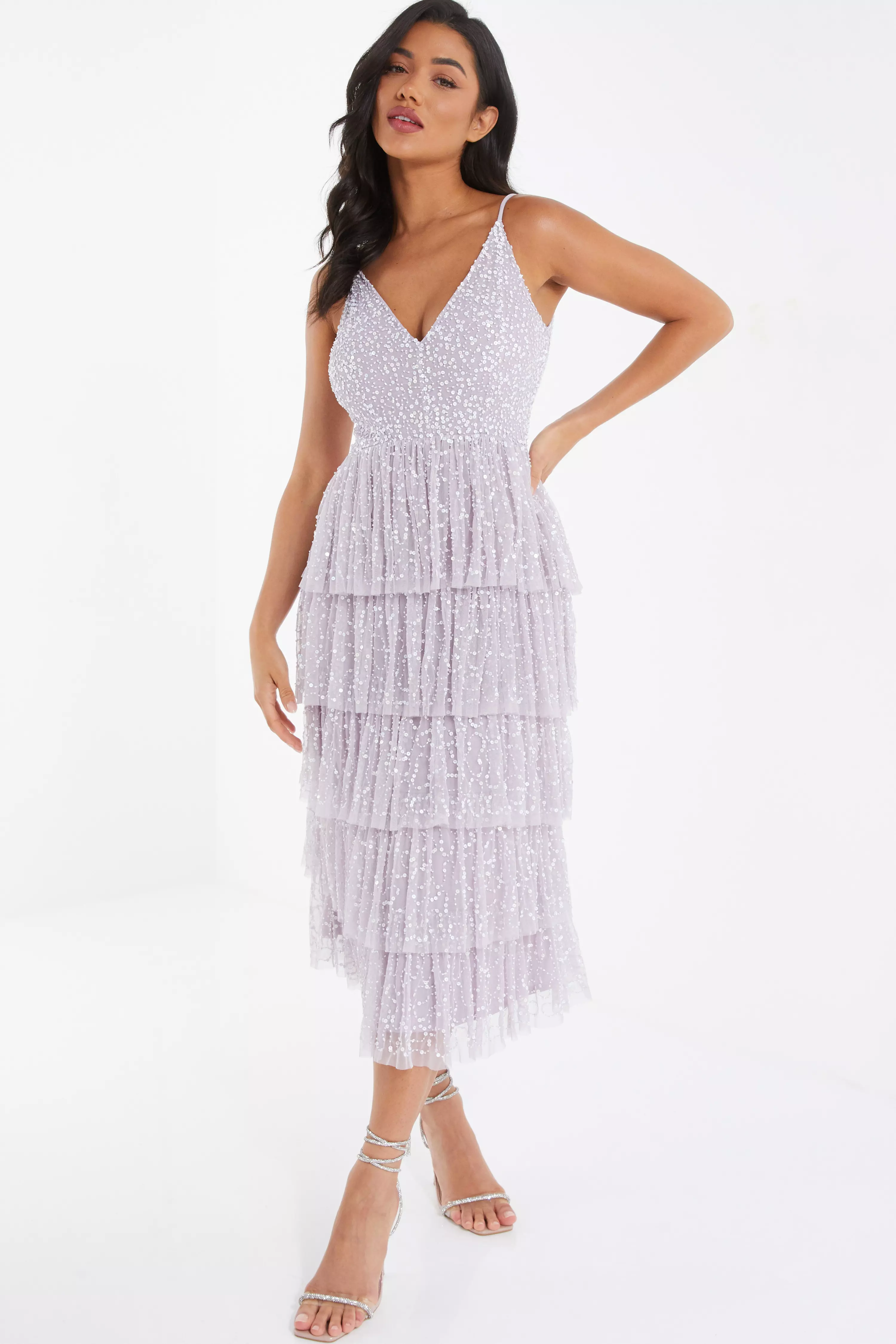 Lilac Sequin Tiered Midi Dress