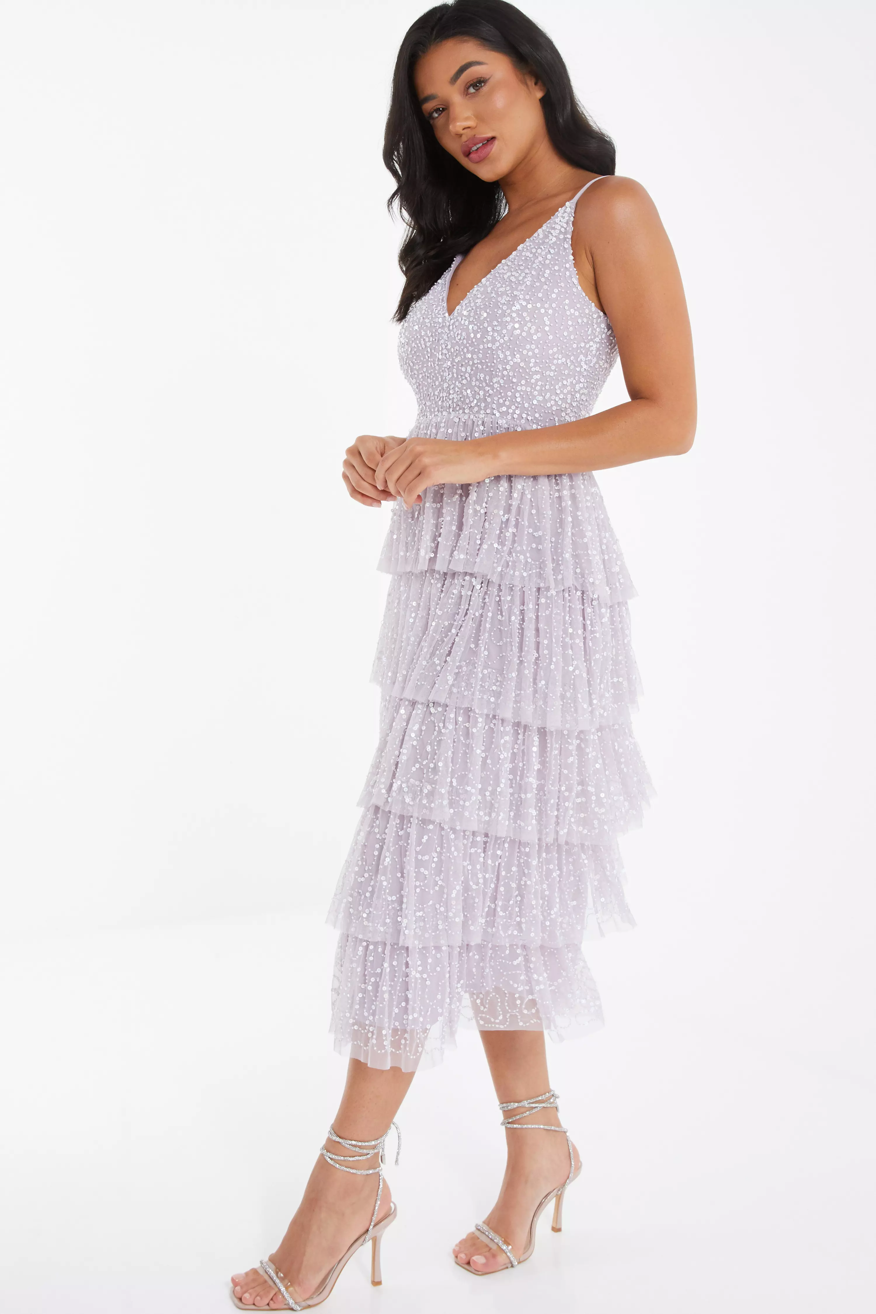 Lilac Sequin Tiered Midi Dress