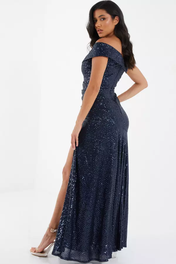 Navy Sequin Ruched Maxi Dress
