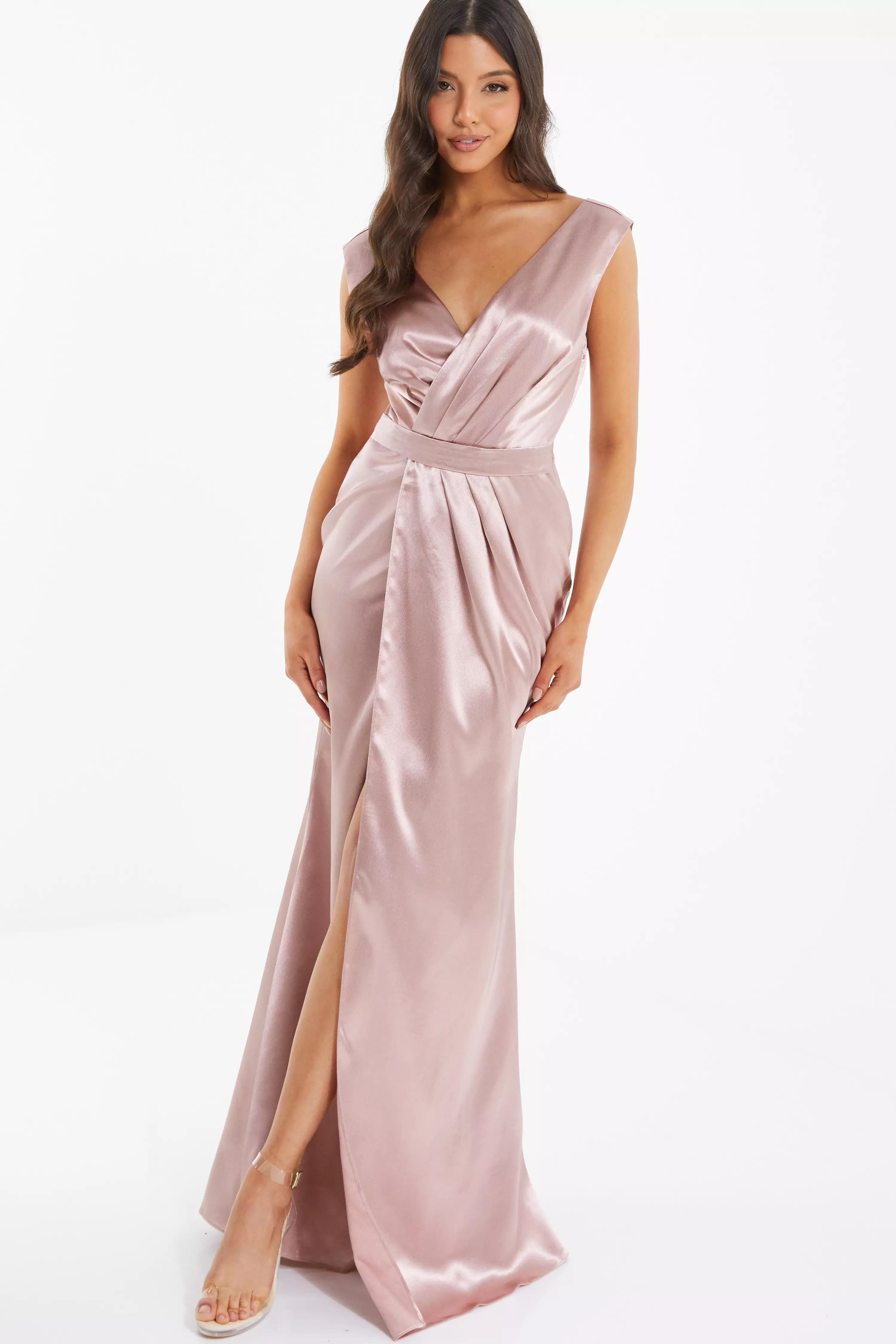 Pink Satin Wrap Split Leg Maxi Dress