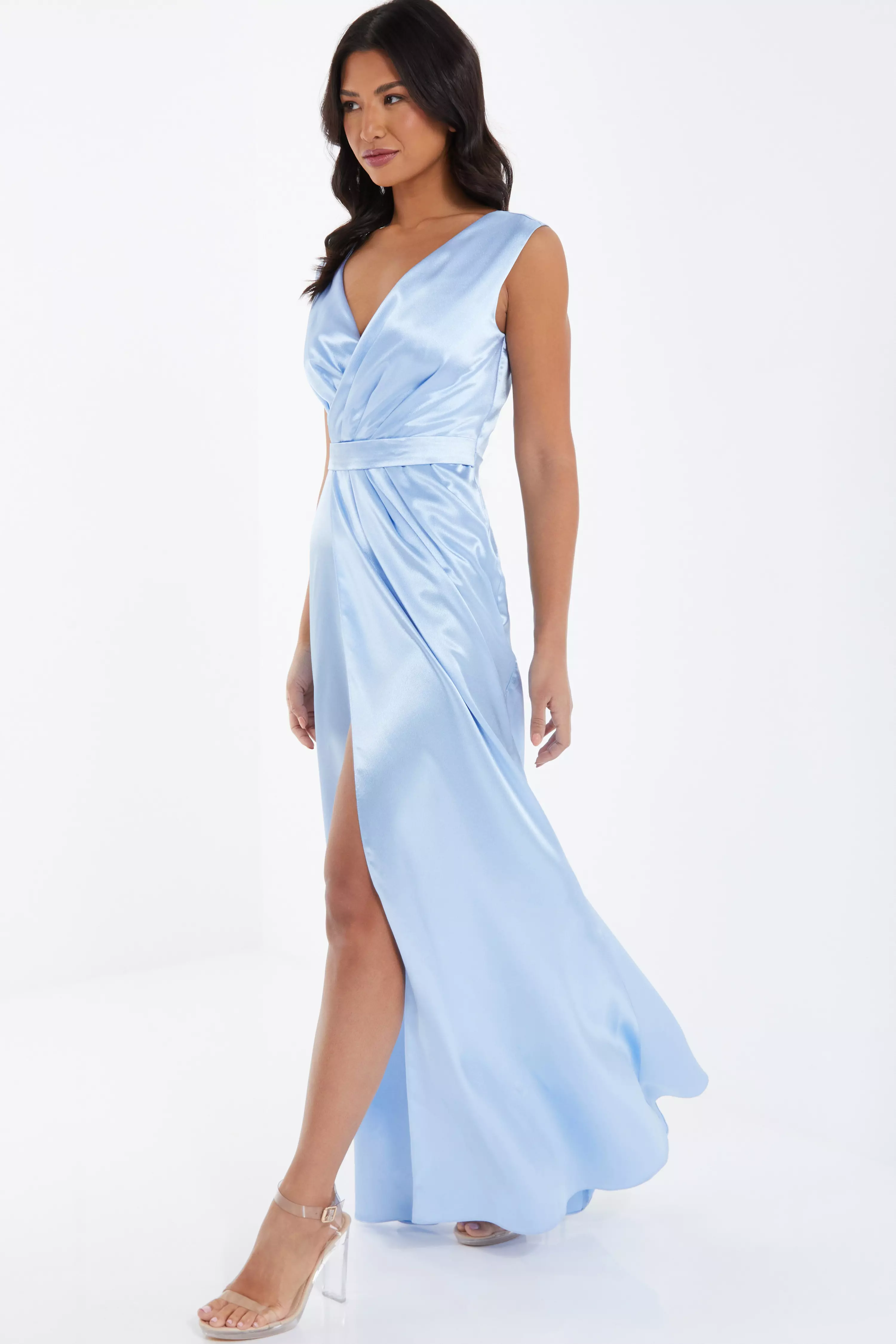 Light Blue Satin Wrap Split Leg Maxi Dress