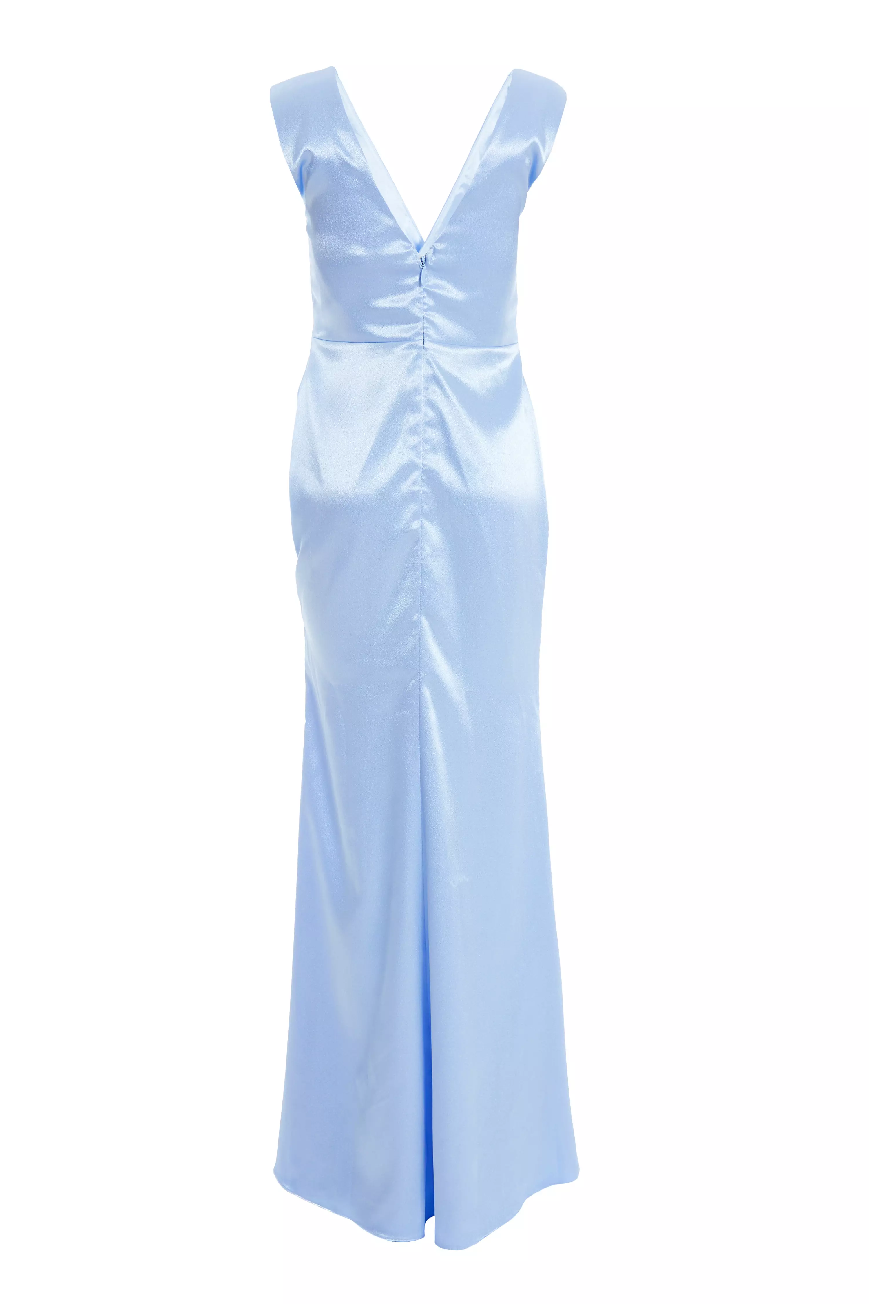 Light Blue Satin Wrap Split Leg Maxi Dress