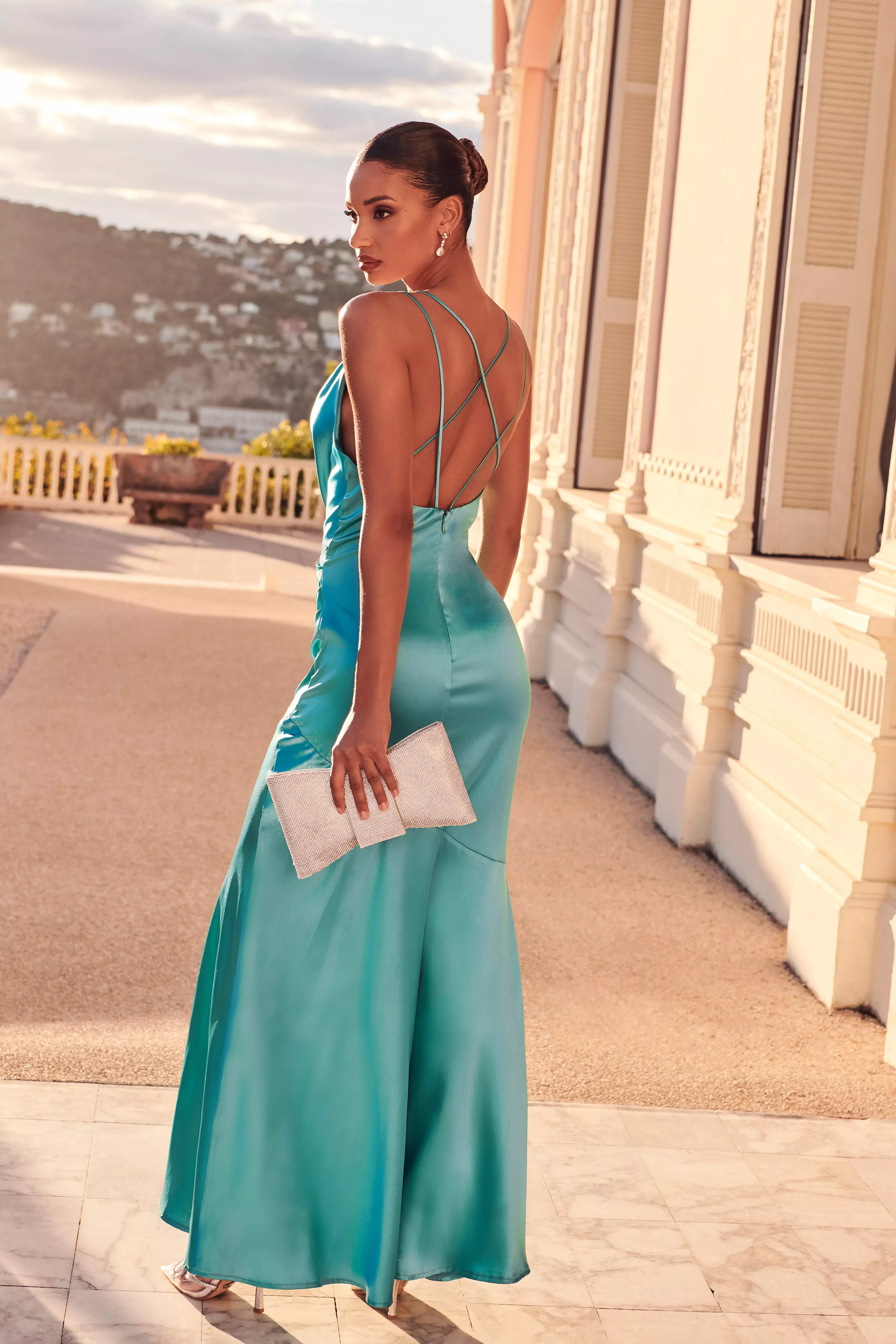 Aqua Satin Cross Back Maxi Dress