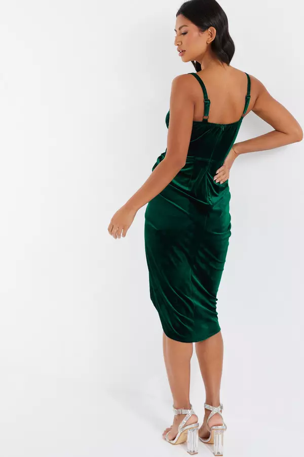 Bottle Green Velvet Ruched Midi Dress