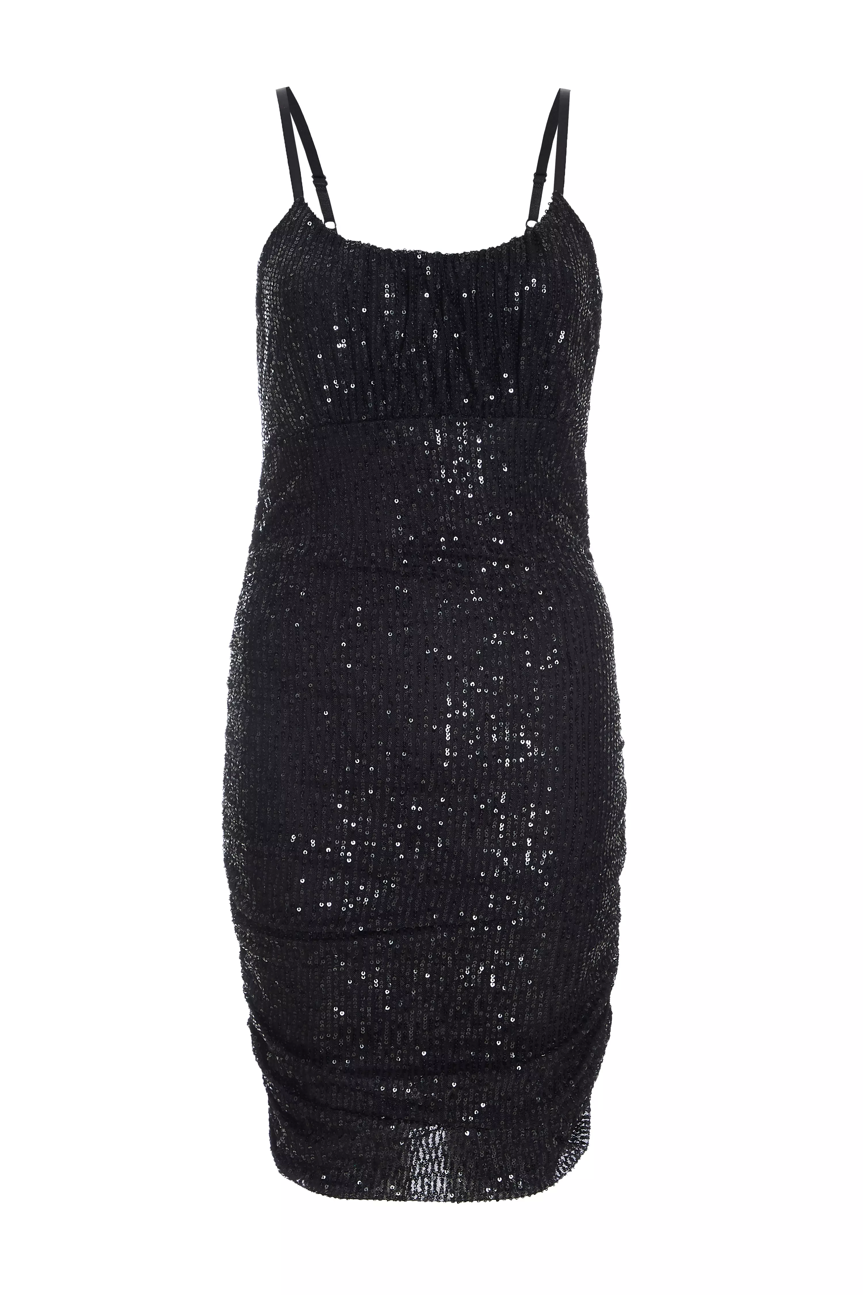 Black Sequin Ruched Bodycon Mini Dress