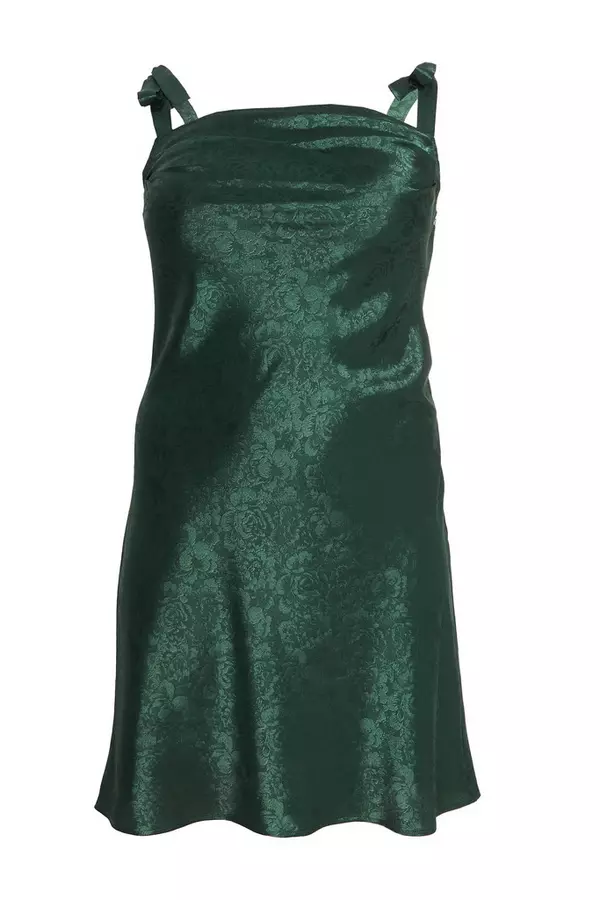 Curve Bottle Green Satin Jacquard Floral Dress