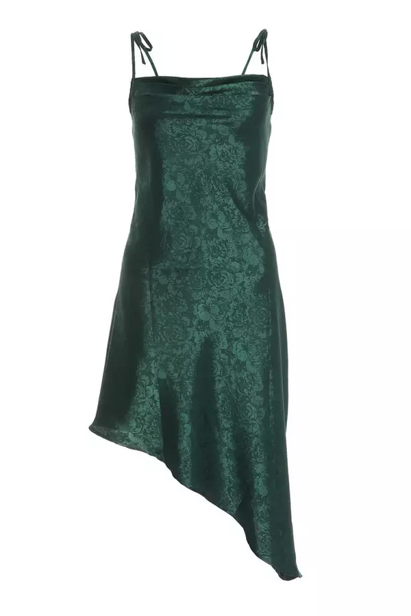 Petite Bottle Green Satin Jacquard Floral Midi Dress