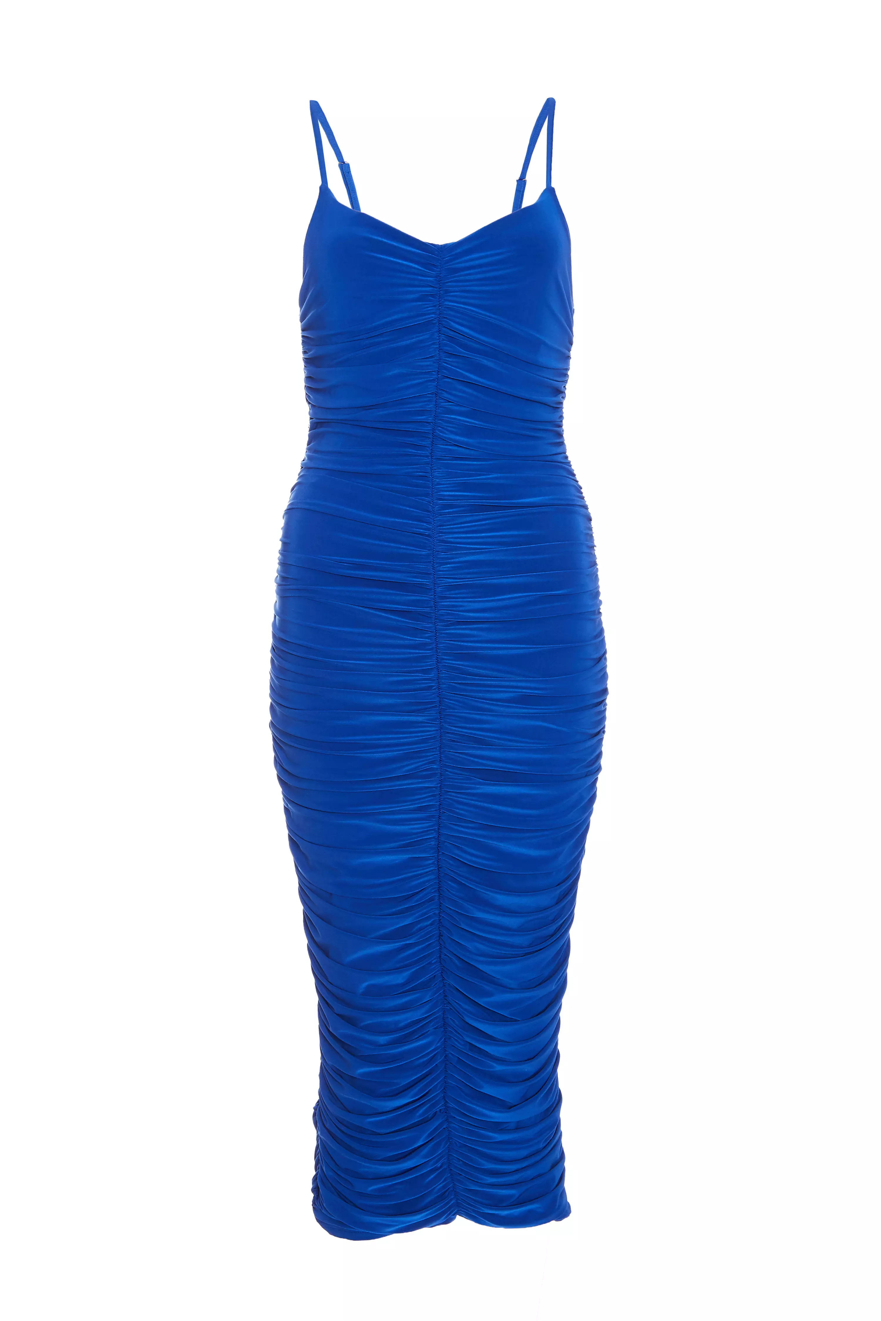Royal Blue Ruched V Neck Bodycon Midi Dress