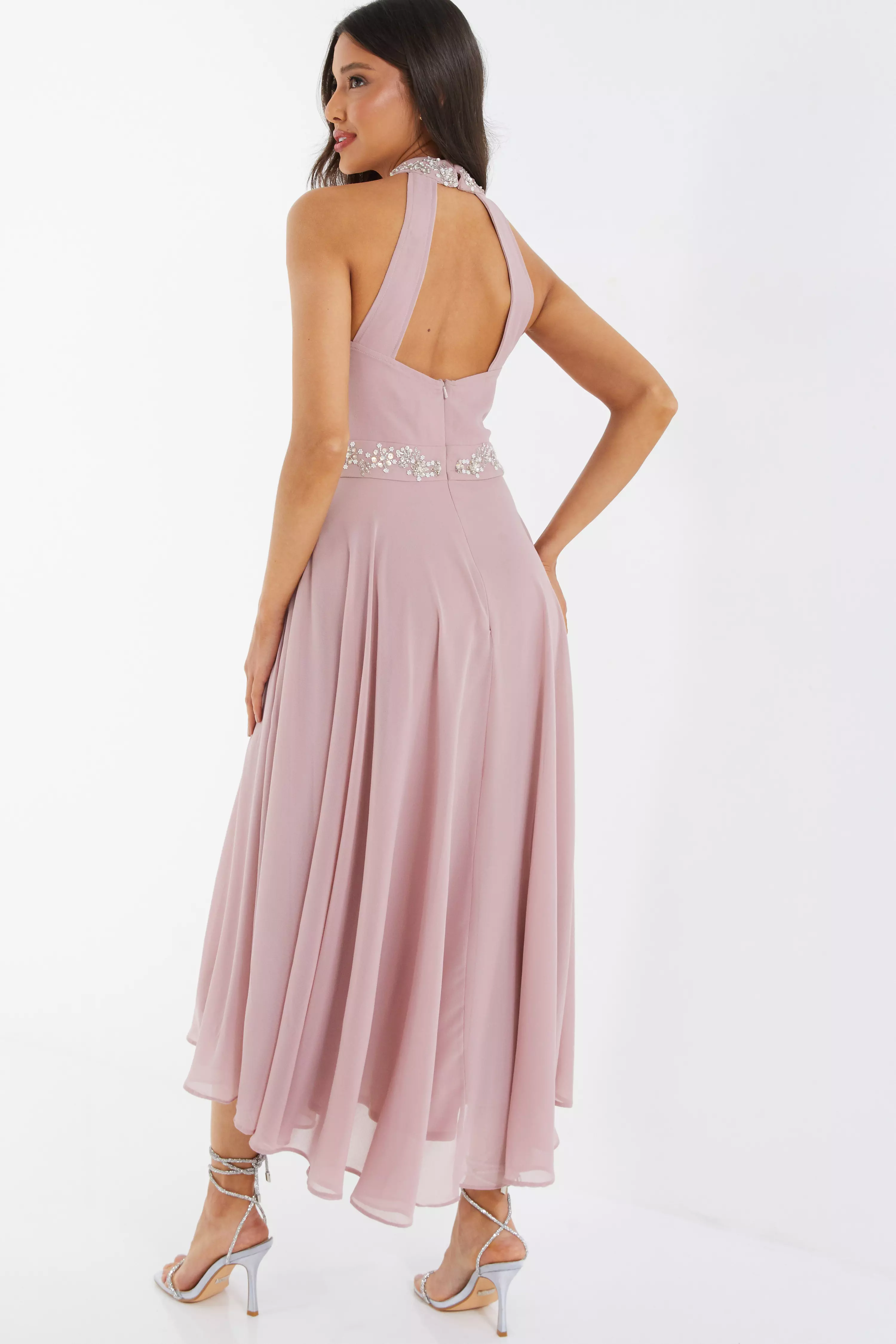 Pink Embellished Chiffon High Neck Midaxi Dress