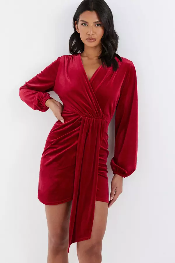 Red Velvet Sash Bodycon Dress