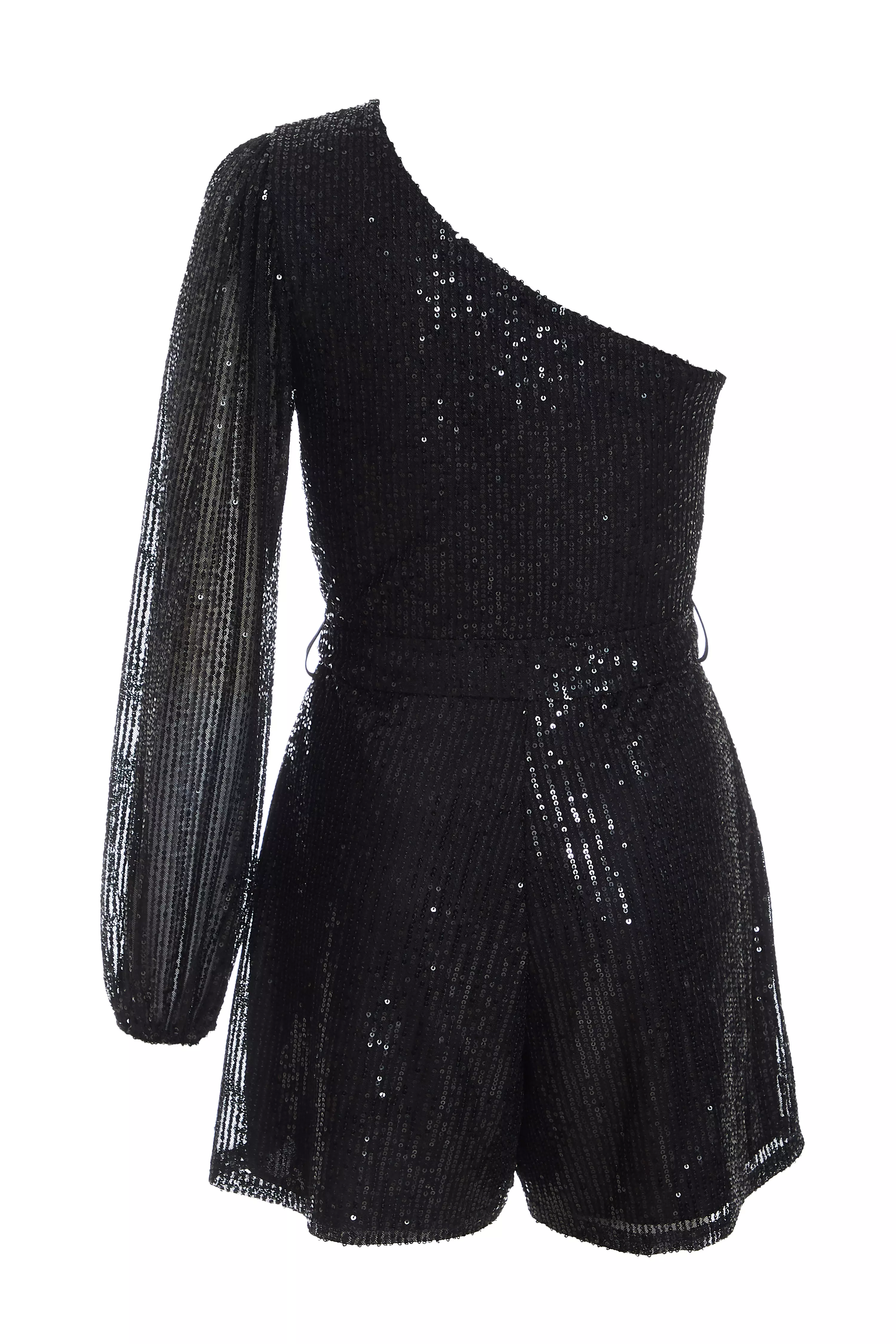 Black Sequin One Shoulder Playsuit