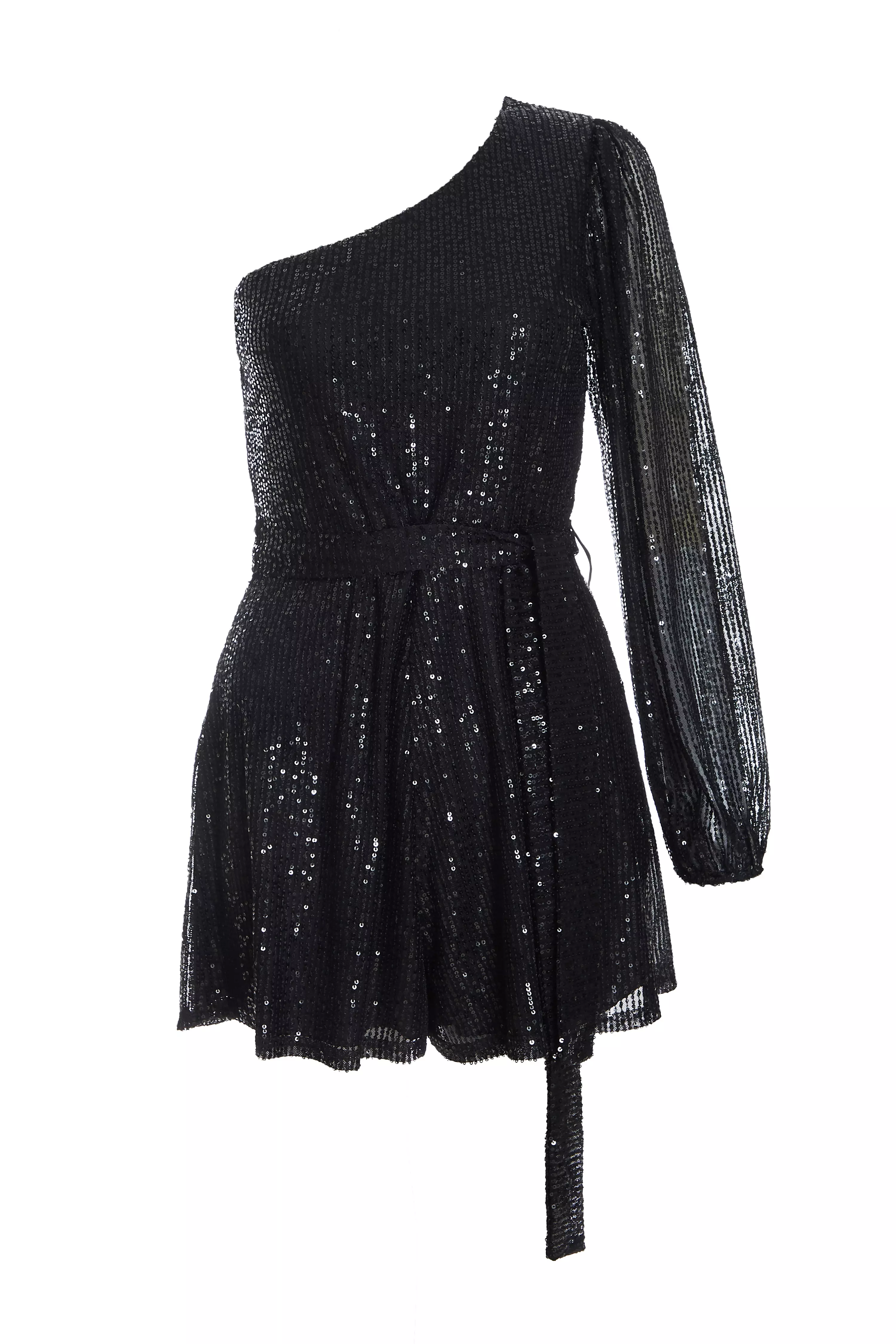 Black Sequin One Shoulder Playsuit