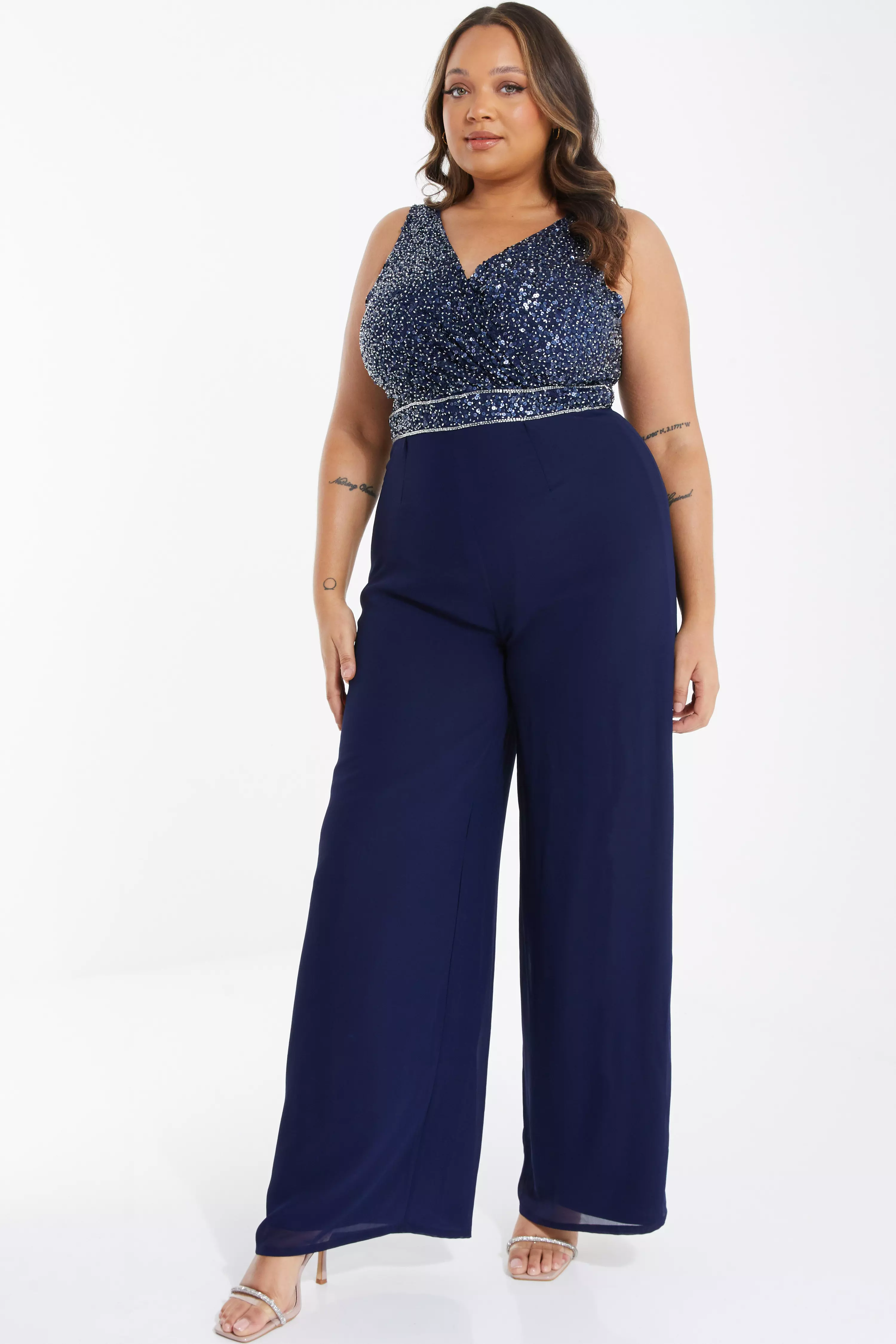 Curve Navy Chiffon Embellished Palazzo Jumpsuit