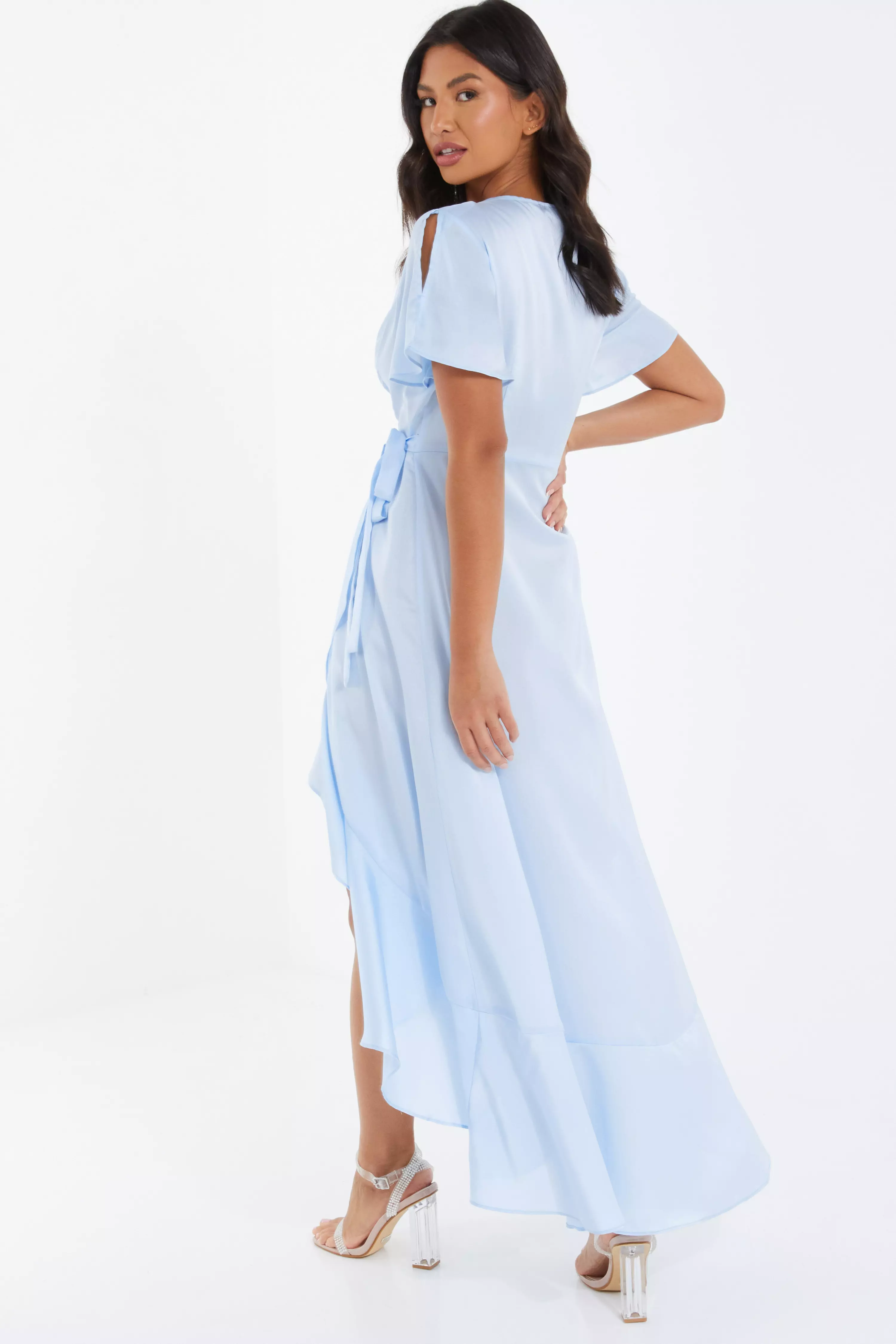 Light Blue Satin Wrap Maxi Dress