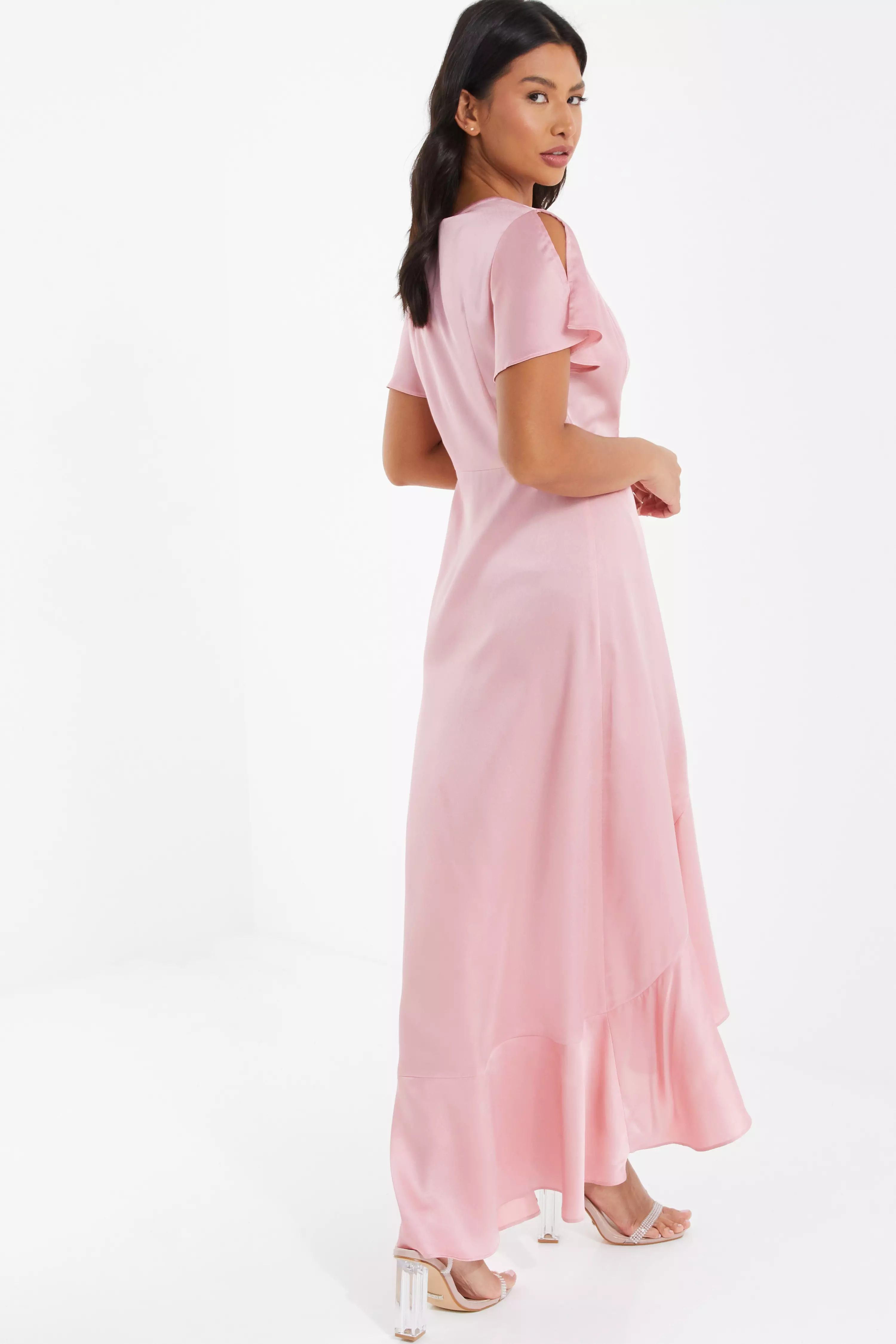 Pink Satin Wrap Maxi Dress