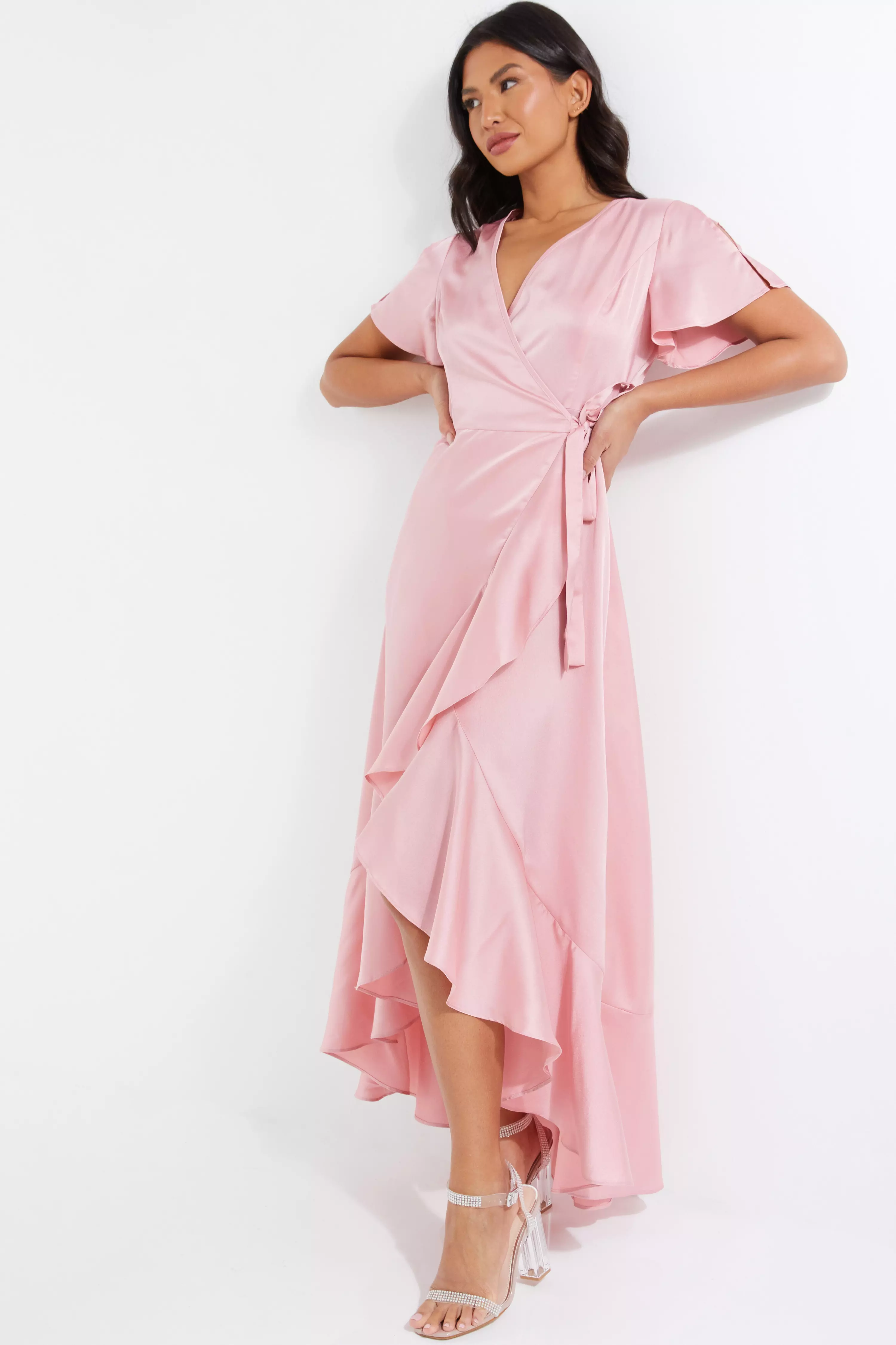 Pink Satin Wrap Maxi Dress