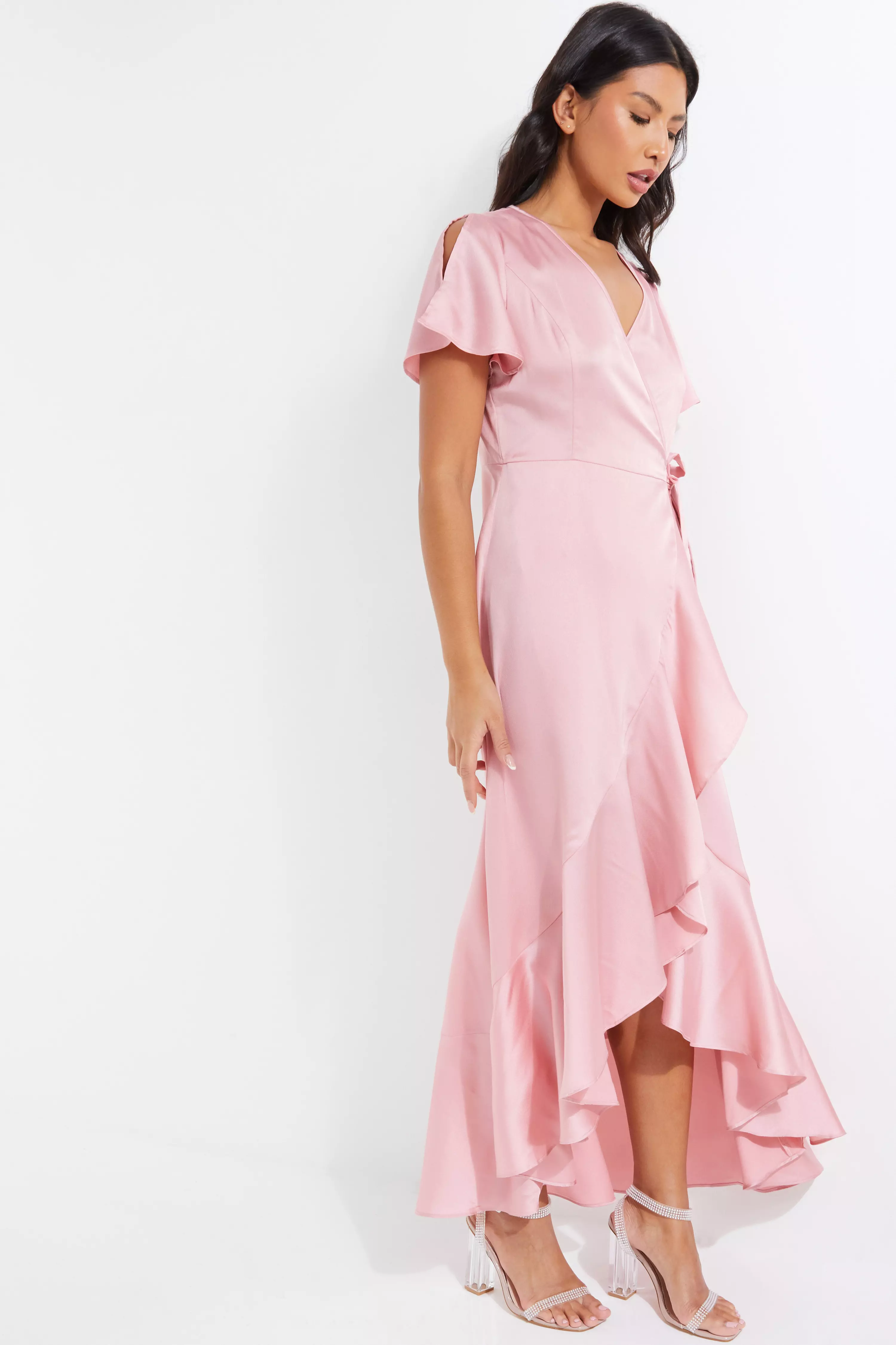 Pink Satin Wrap Maxi Dress