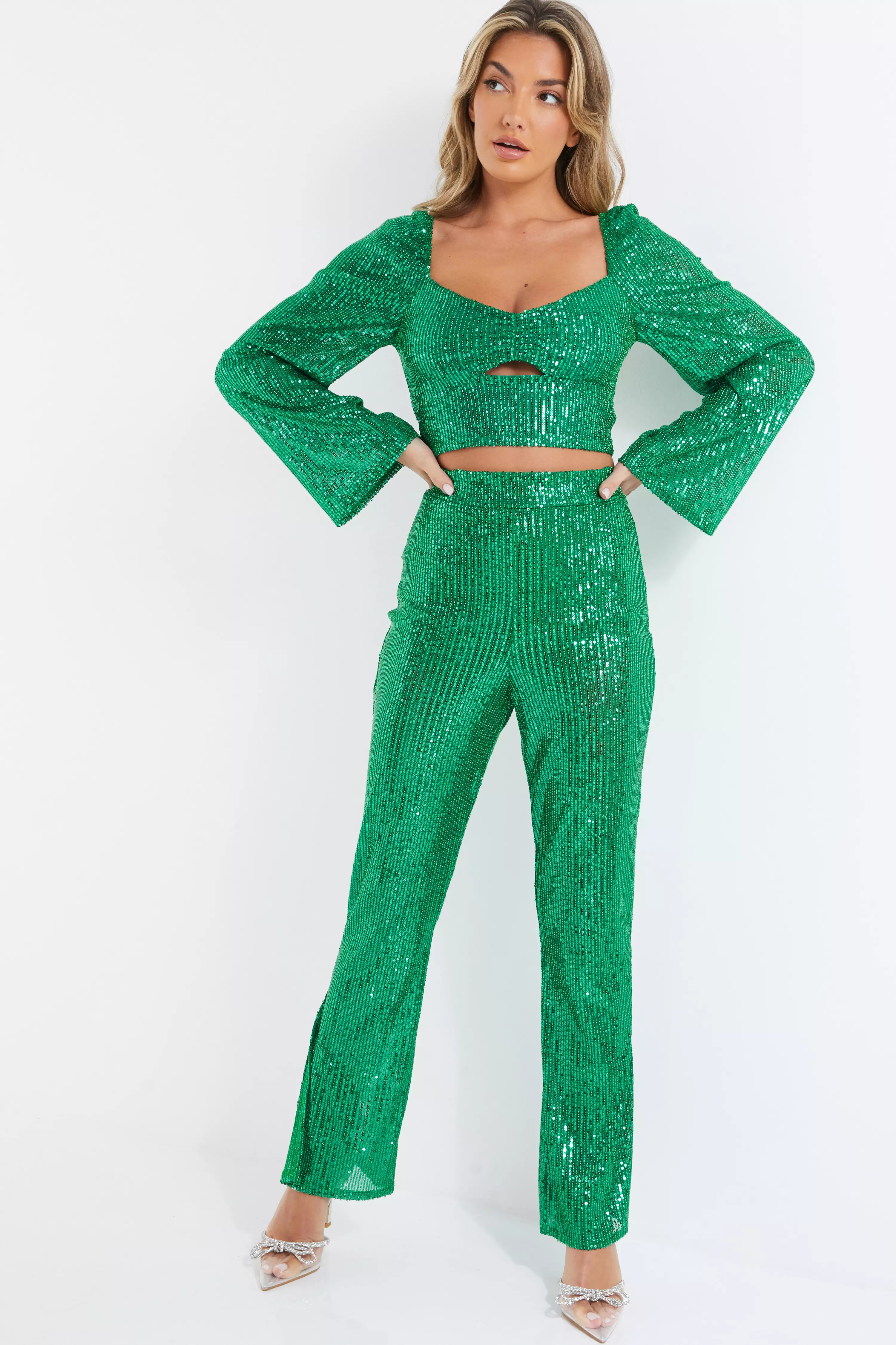 Green Sequin Palazzo Trousers