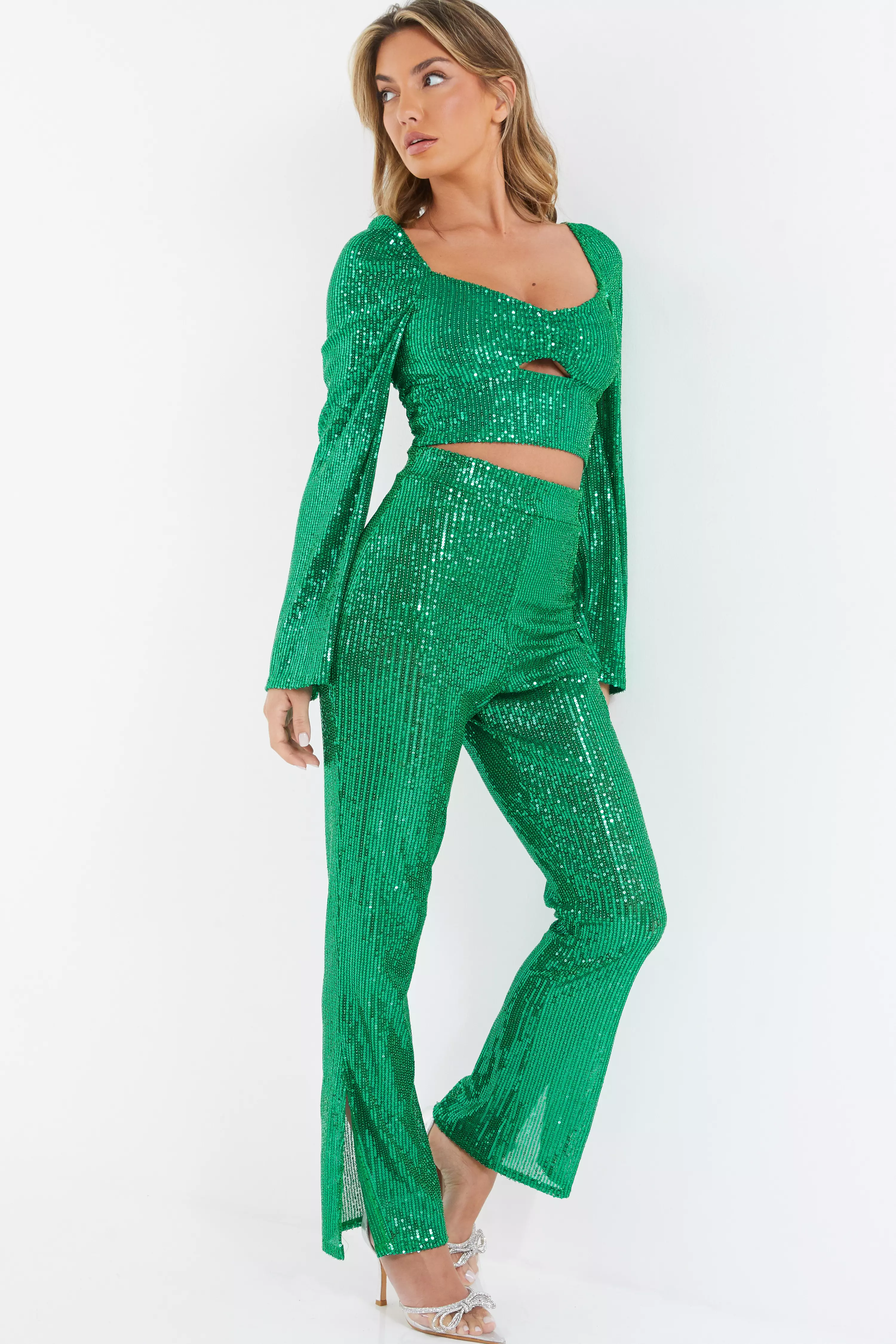 Green Sequin Palazzo Trousers