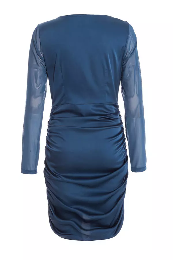Blue Satin Ruched Mini Dress