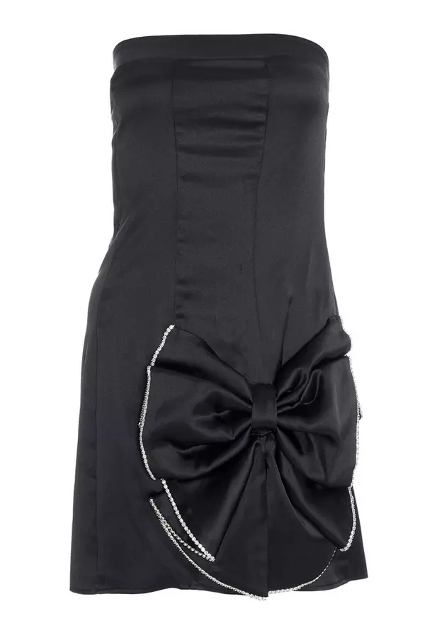 Black Satin Bow Mini Dress